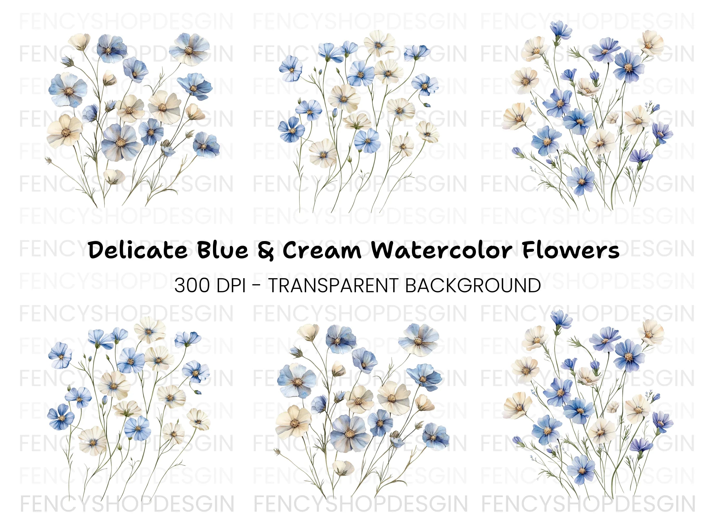 Blue and White Floral Clipart Bundle