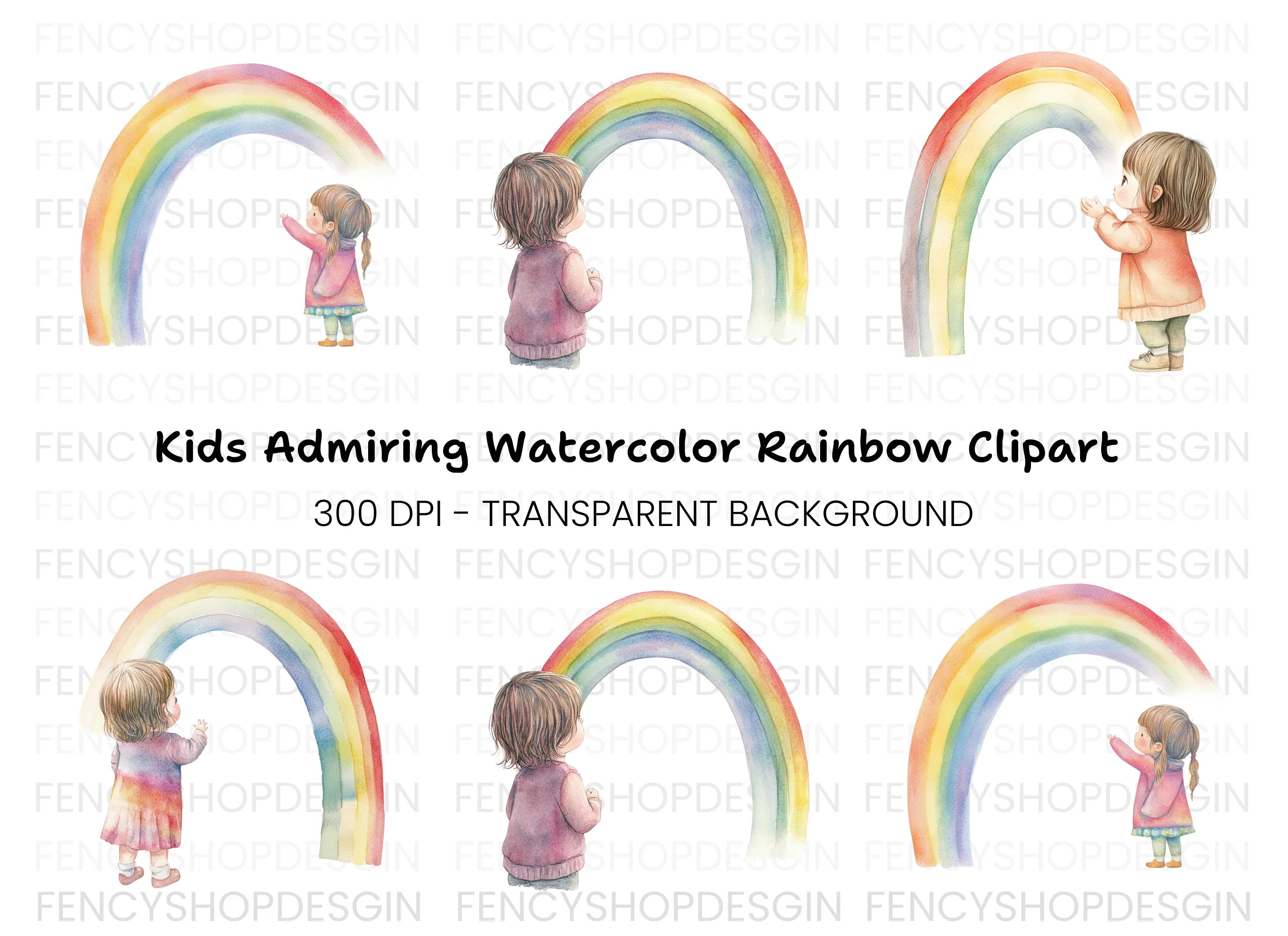 Girls Looking at Rainbow Clipart Bundle