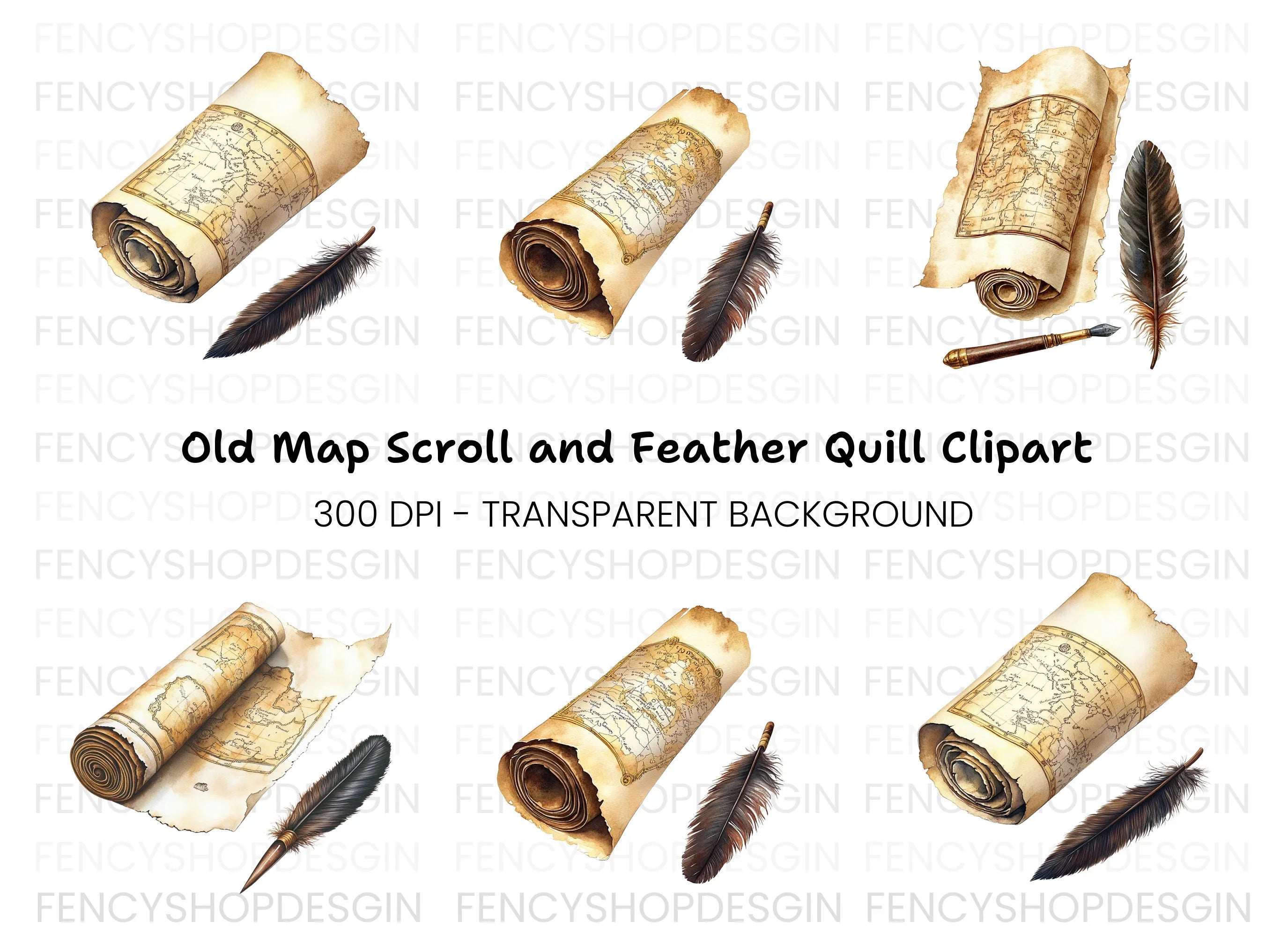 Vintage Scroll Maps & Quill Pen Clipart Bundle
