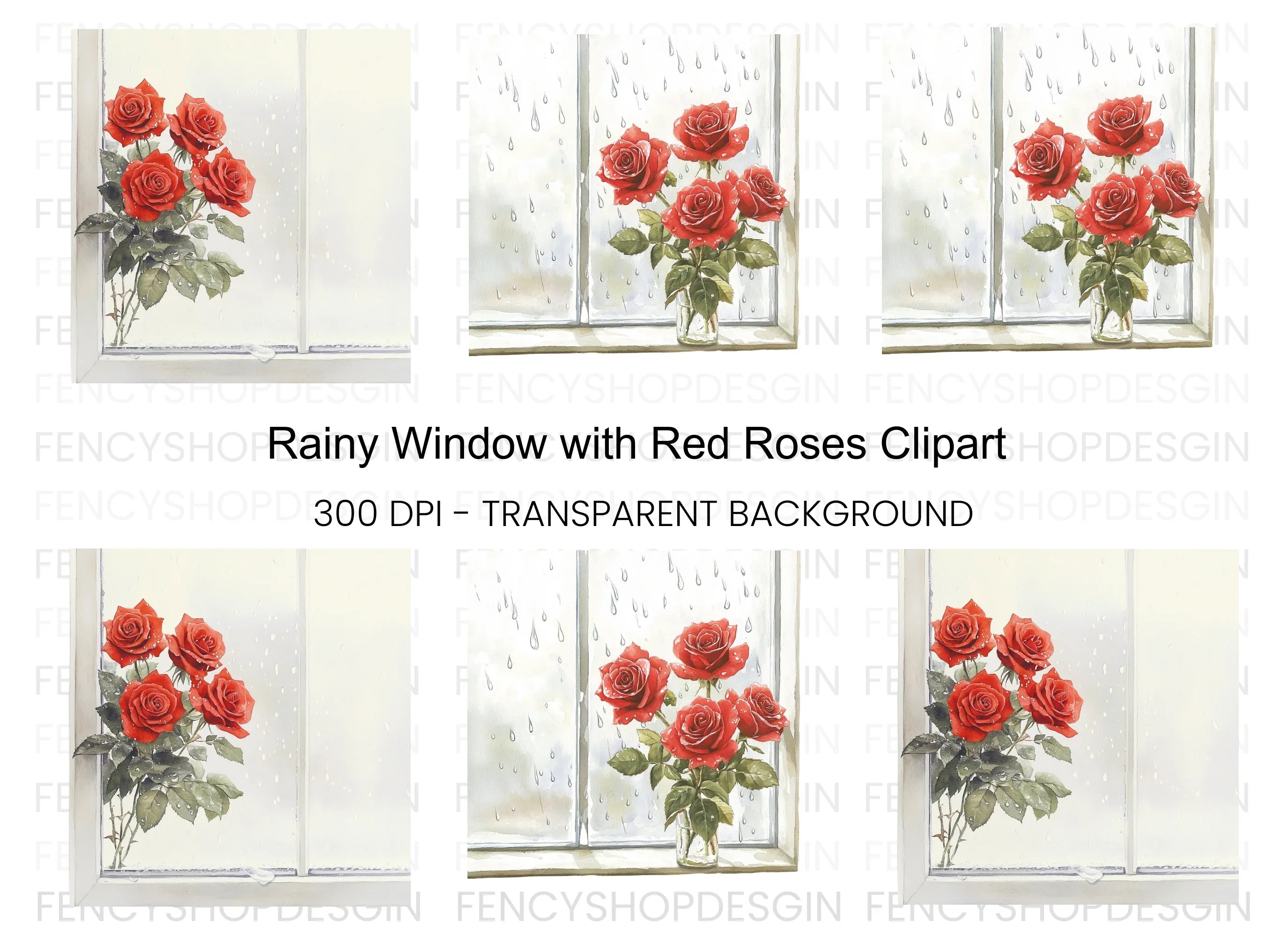 Red Roses by Rainy Window Clipart Bundle