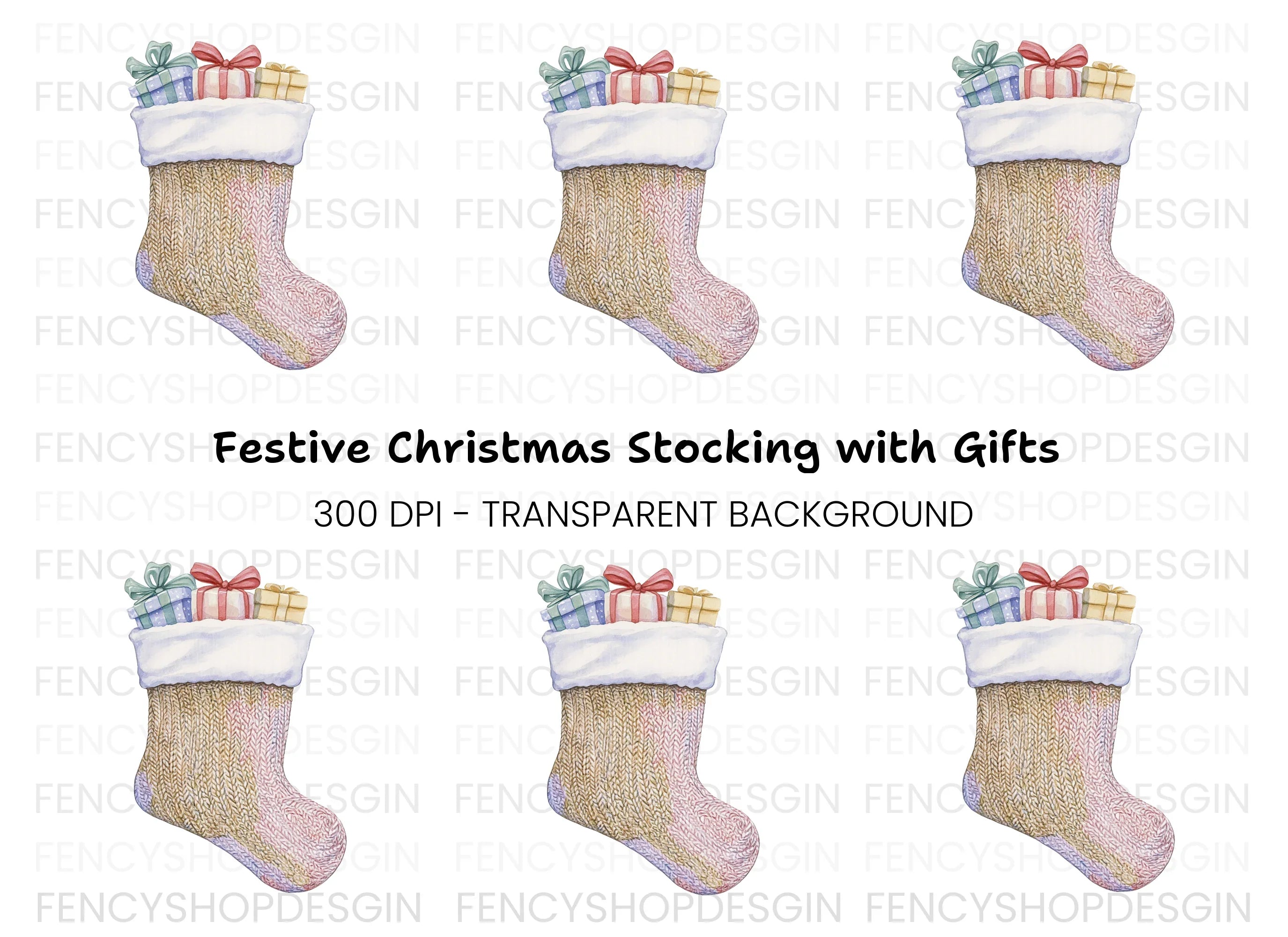 Knitted Christmas Stocking with Gifts Clipart Bundle