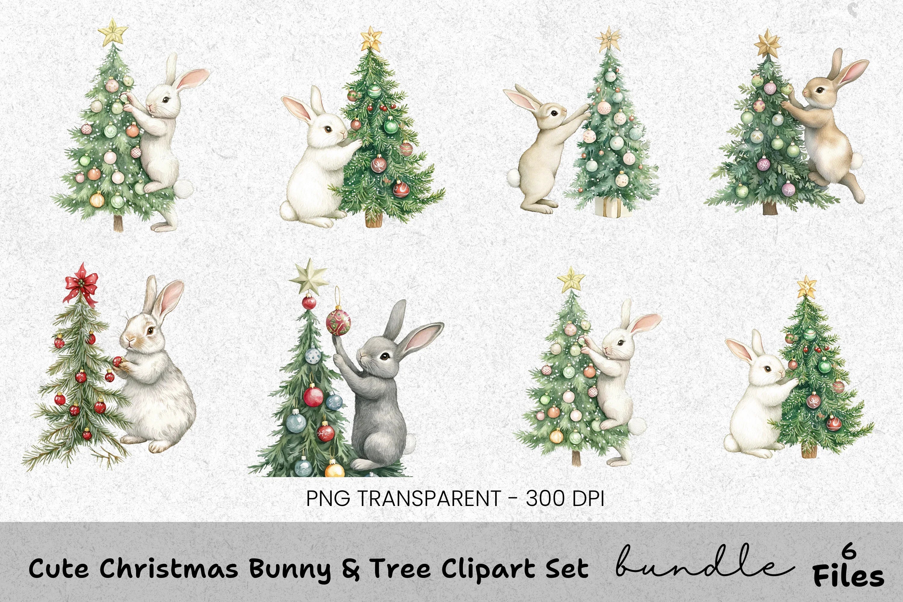 Cute Christmas Bunny Tree Clipart Bundle