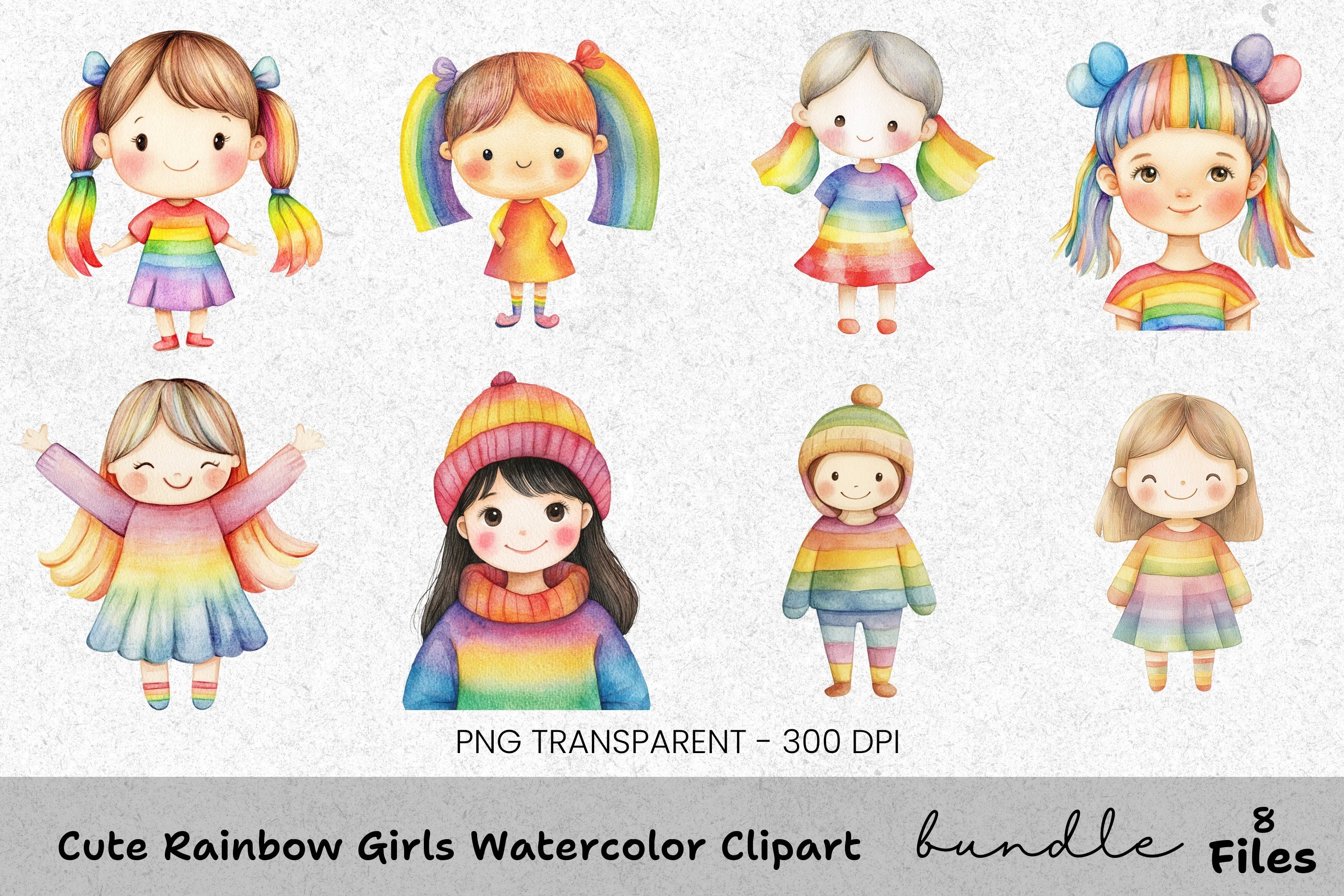Adorable Rainbow Girls Clipart Bundle