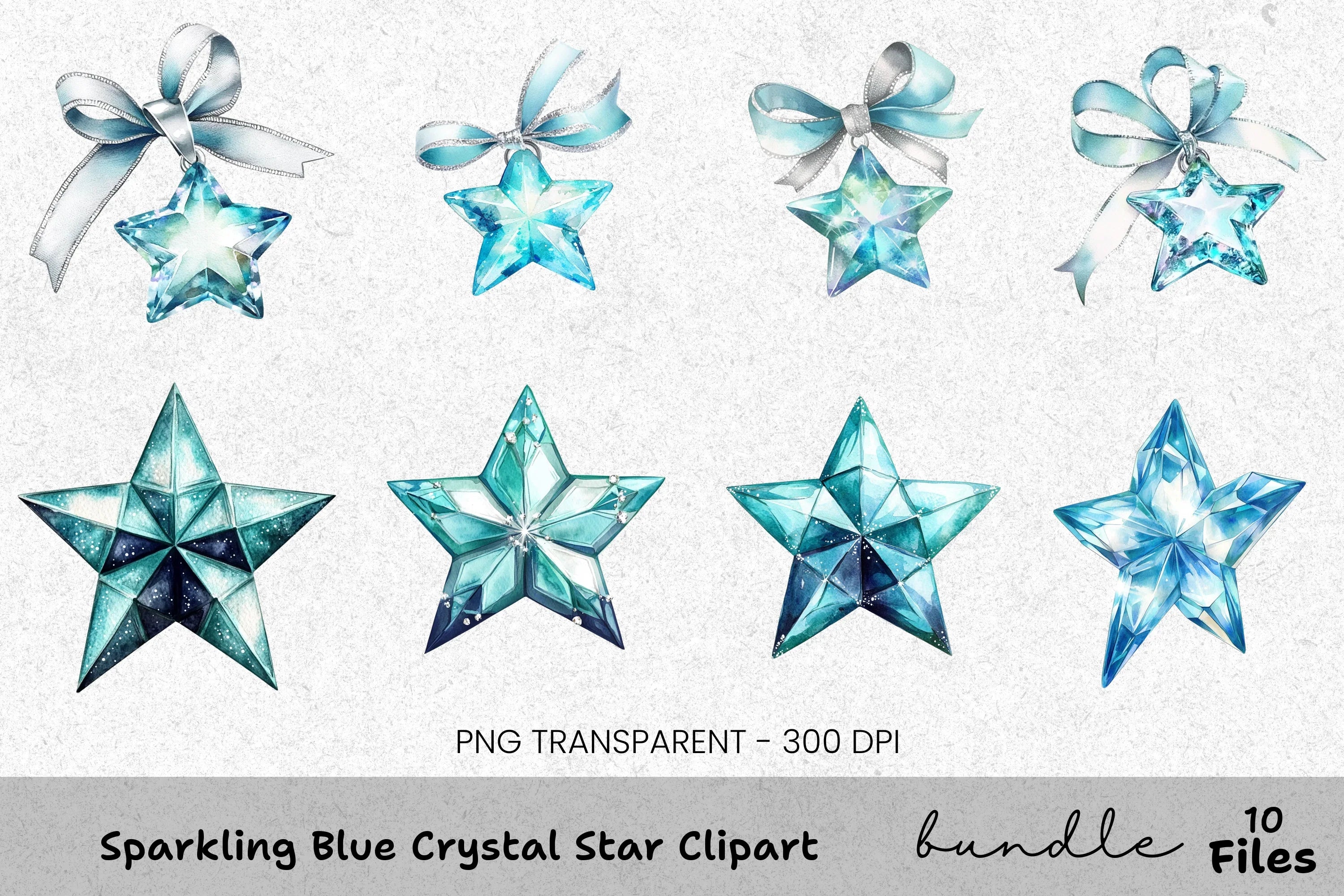 Sparkling Blue Crystal Star Clipart Bundle