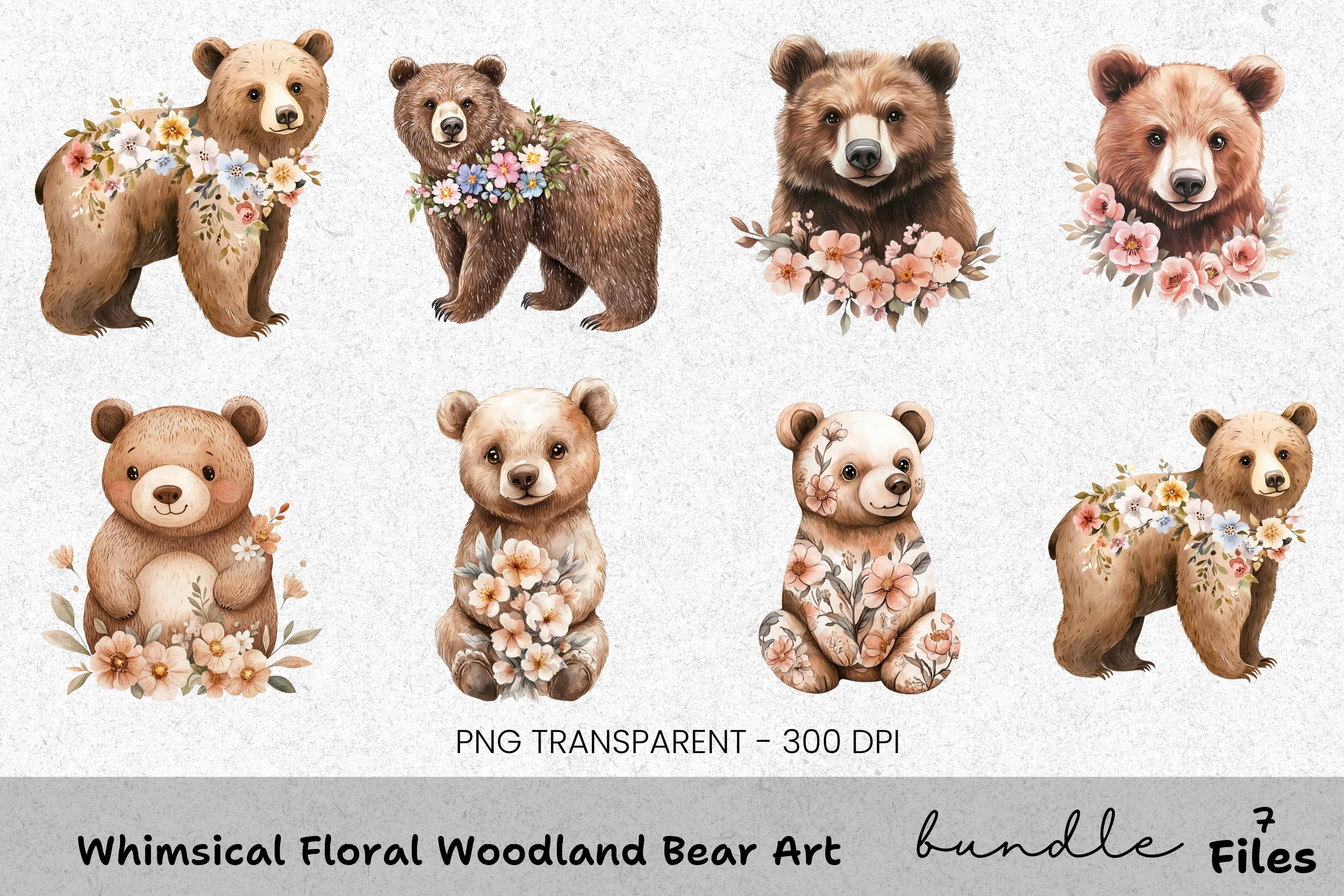Whimsical Floral Woodland Bear Clipart Bundle