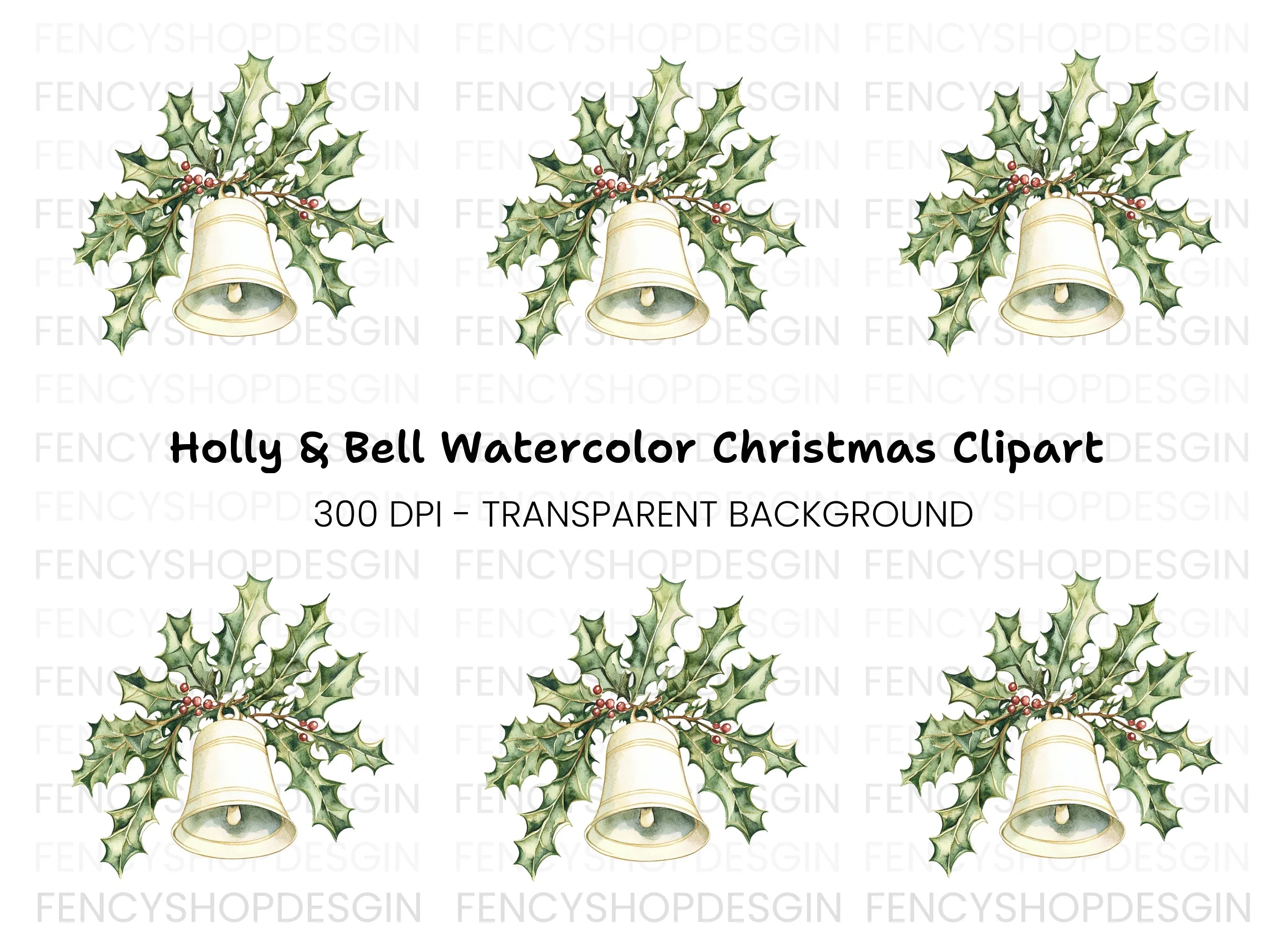 White Christmas Bell with Holly Clipart Bundle