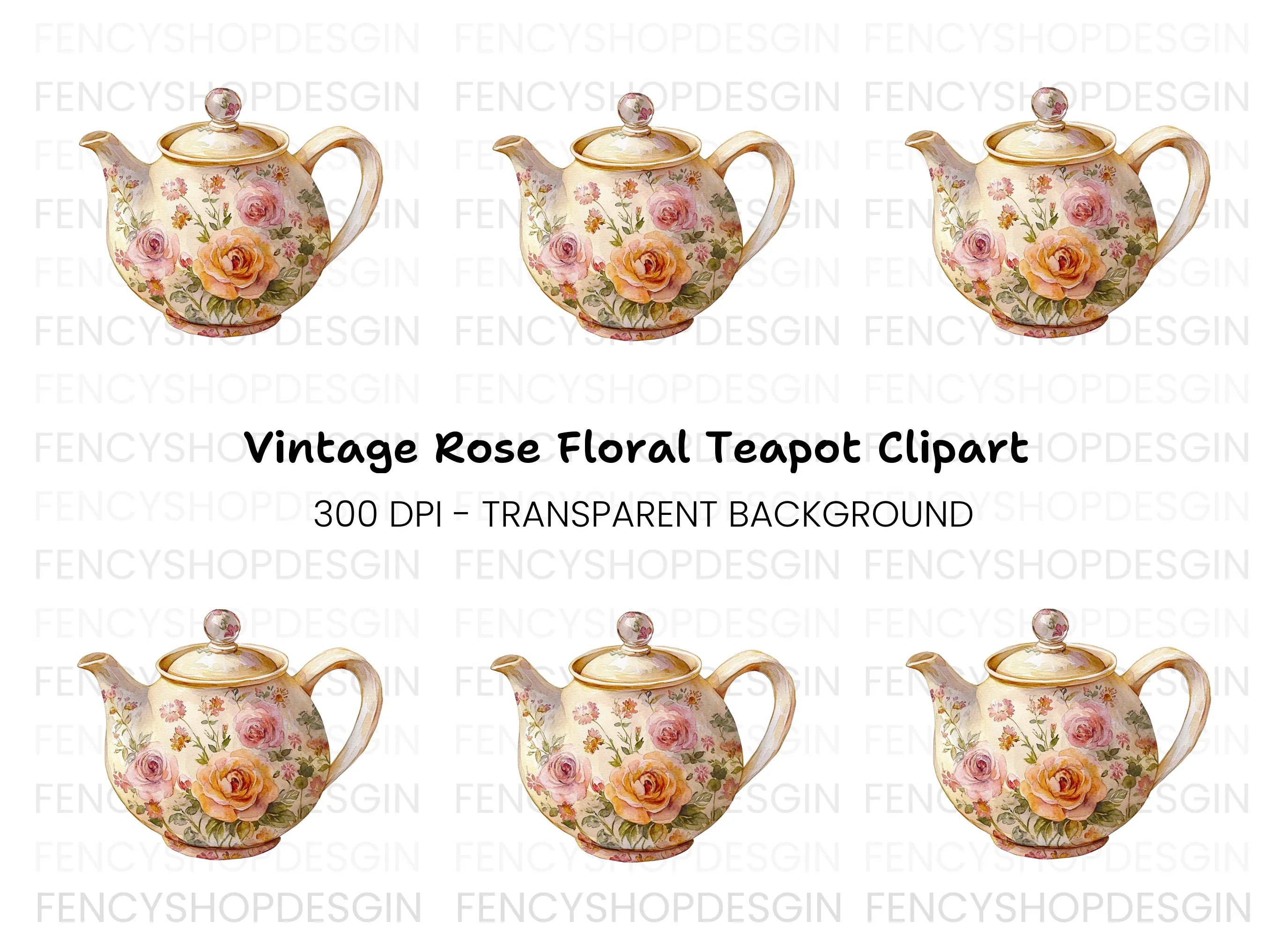 Elegant Rose Teapot Clipart Bundle