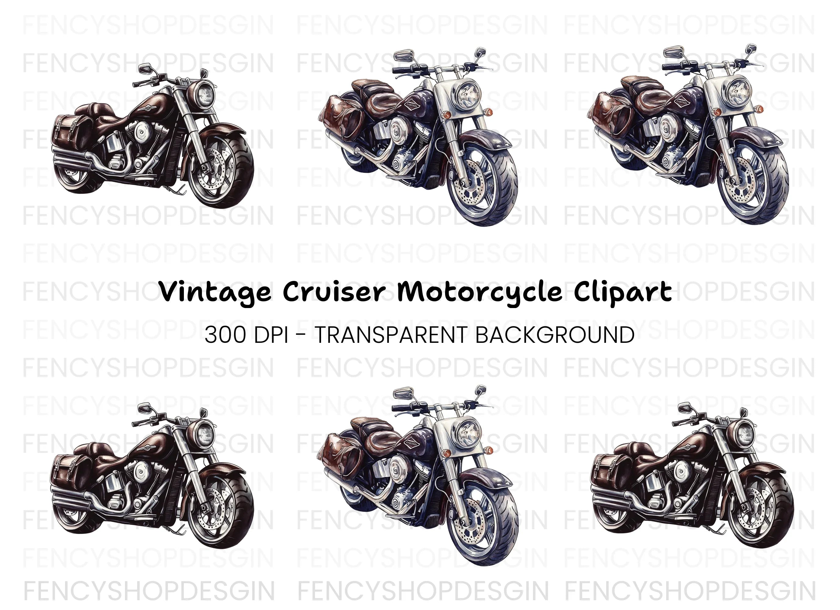 Classic Cruiser Motorcycle Illustrations Clipart Bundle