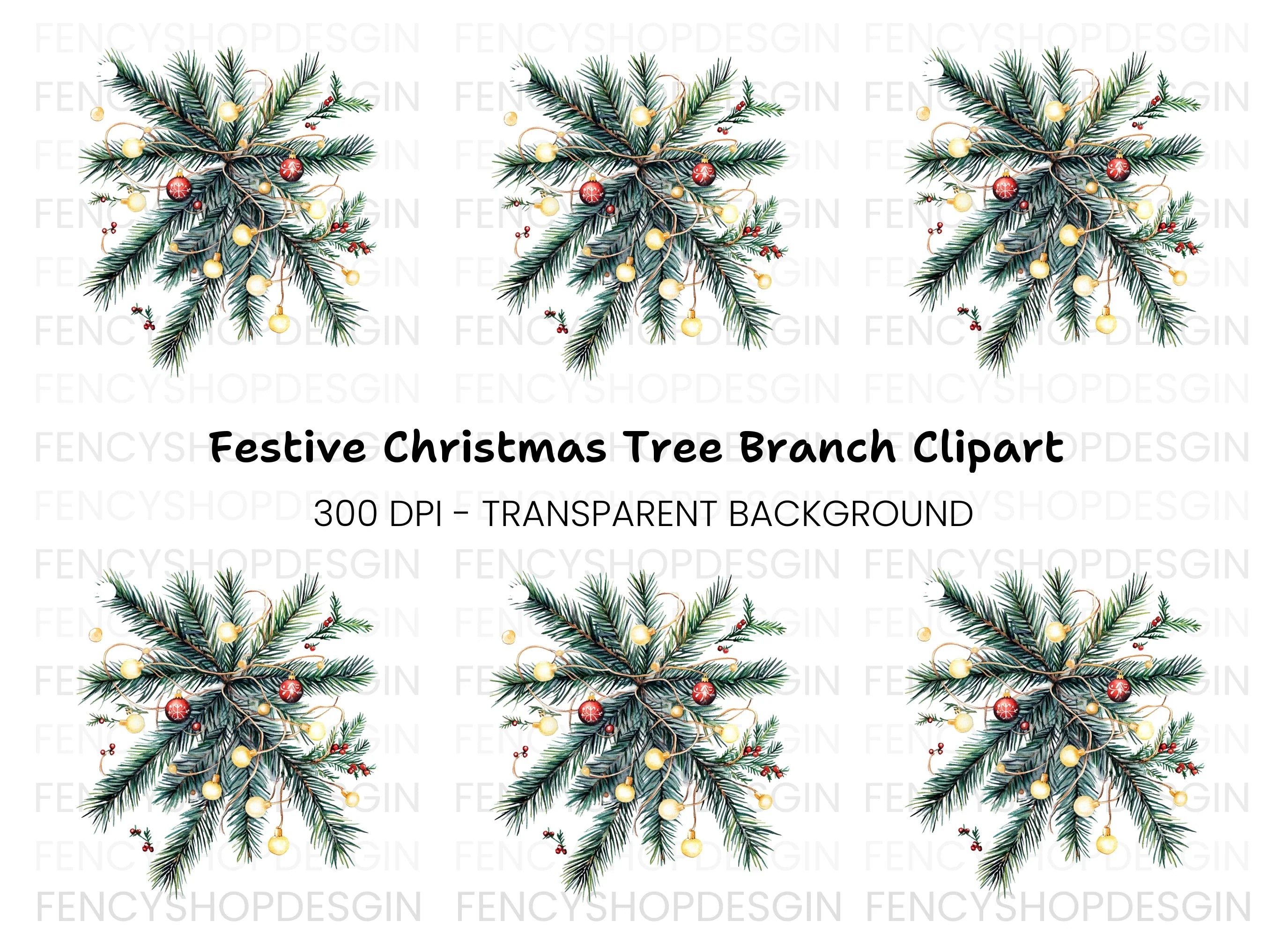 Christmas Pine Branch with Lights Clipart Bundle