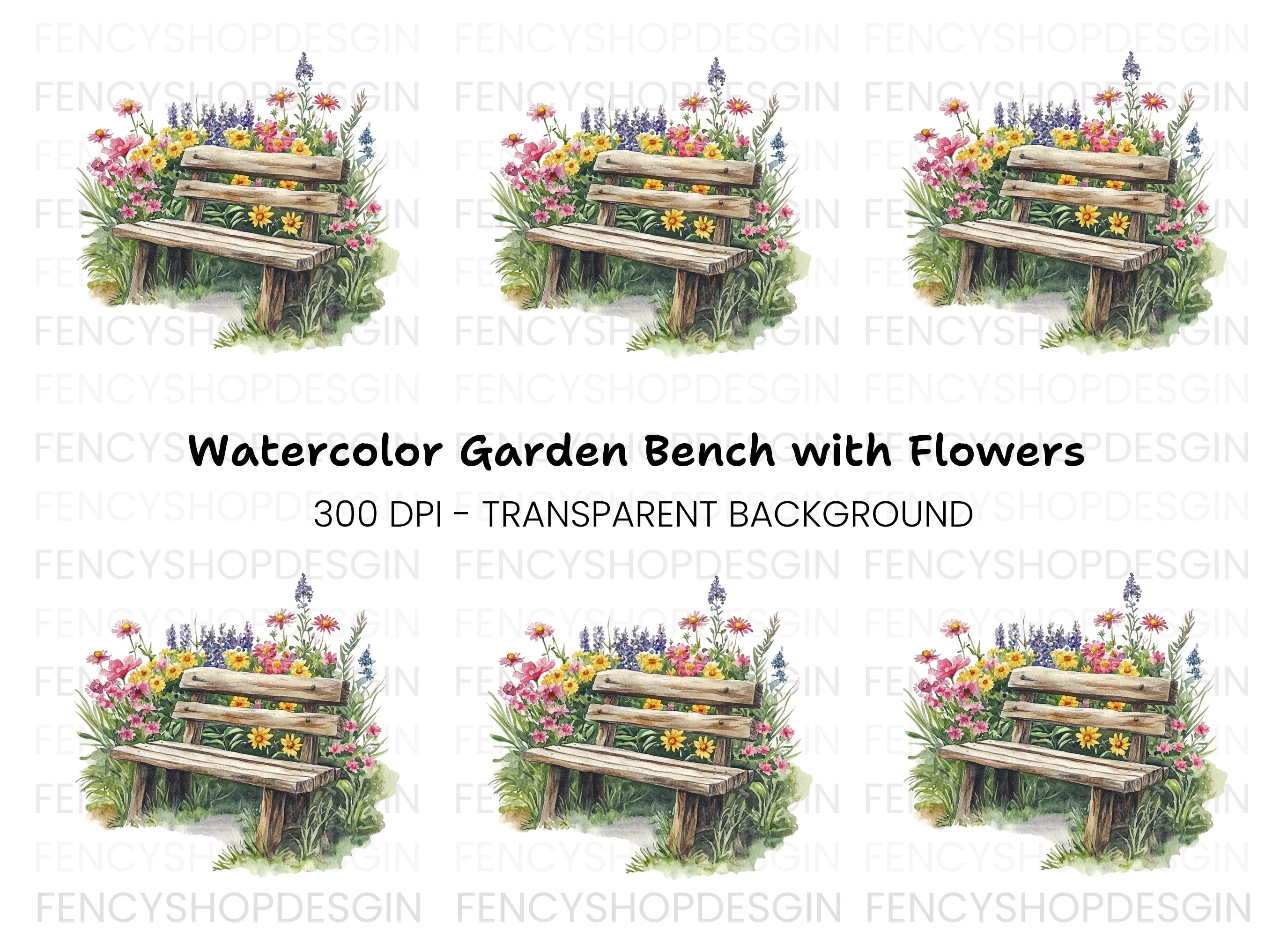 Rustic Bench in Blooming Garden Clipart Bundle