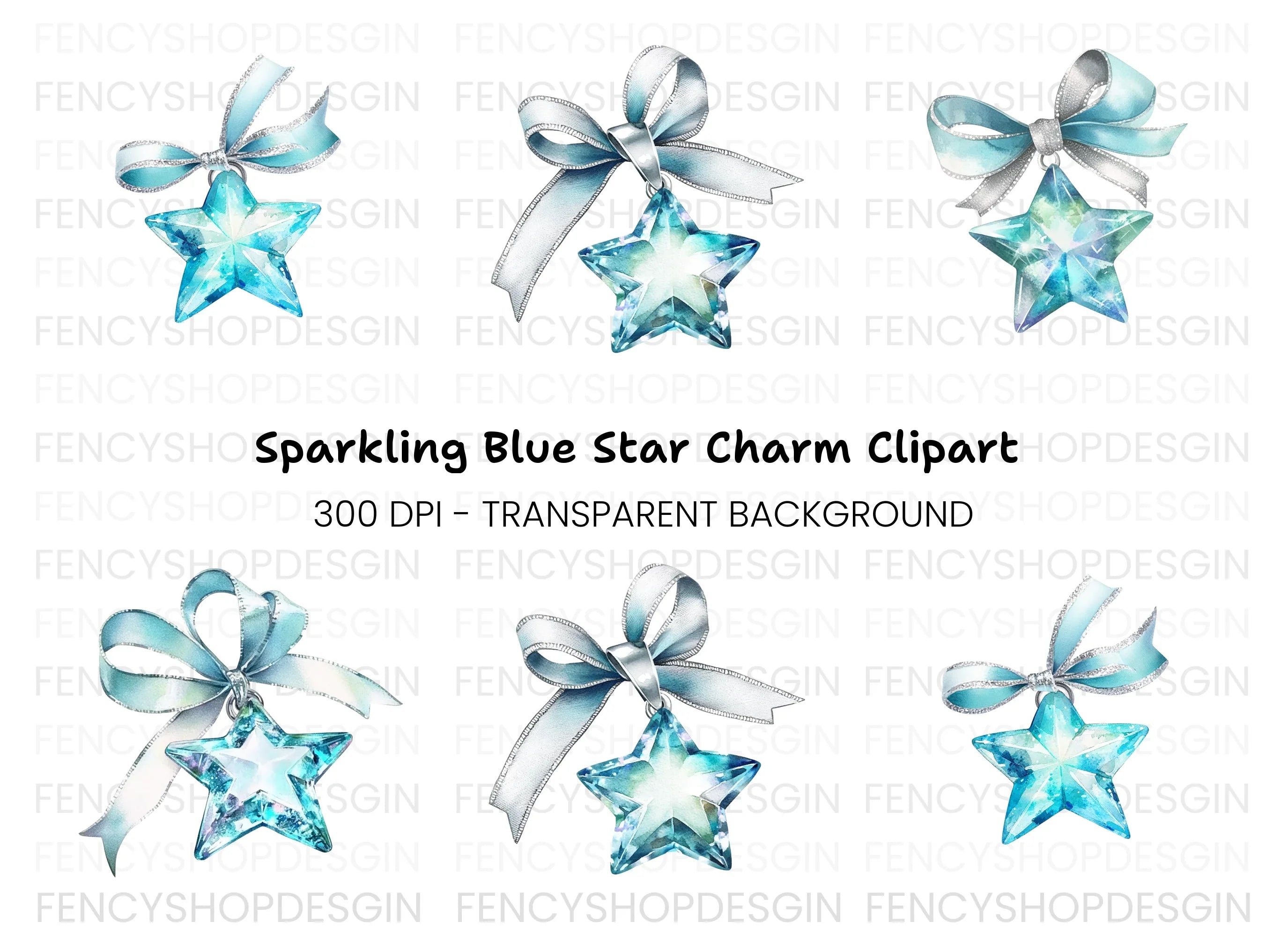Blue Crystal Star Ribbons Clipart Bundle