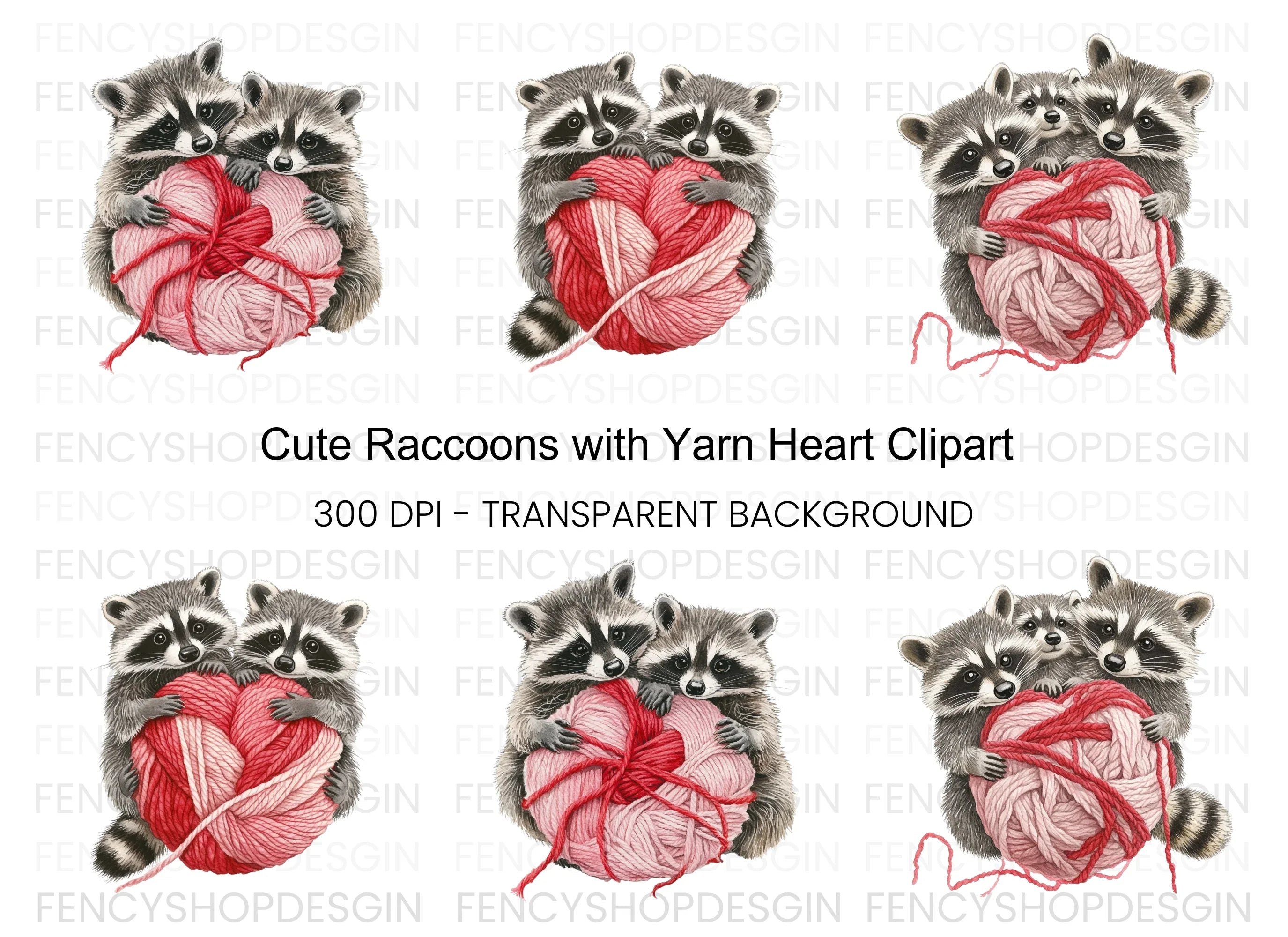 Cute Raccoons with Yarn Heart Clipart Bundle