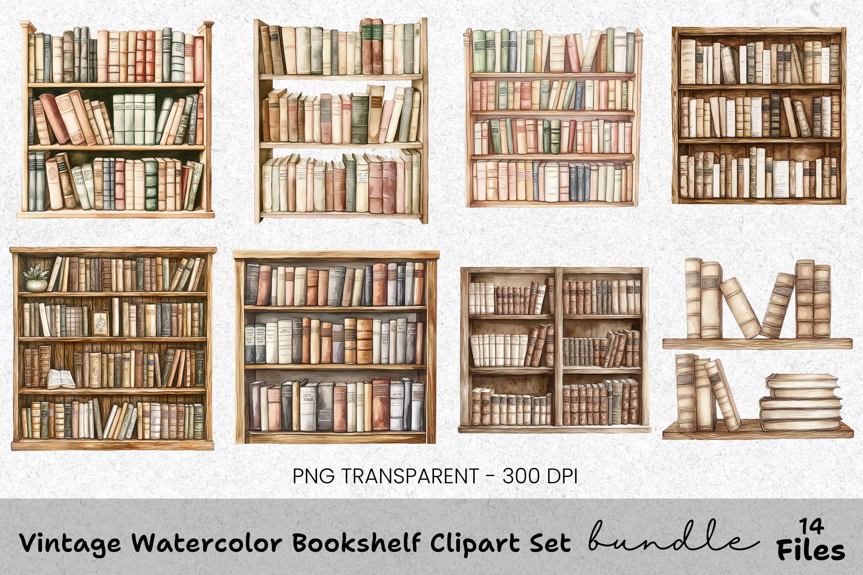 Vintage Bookshelf Clipart Bundle