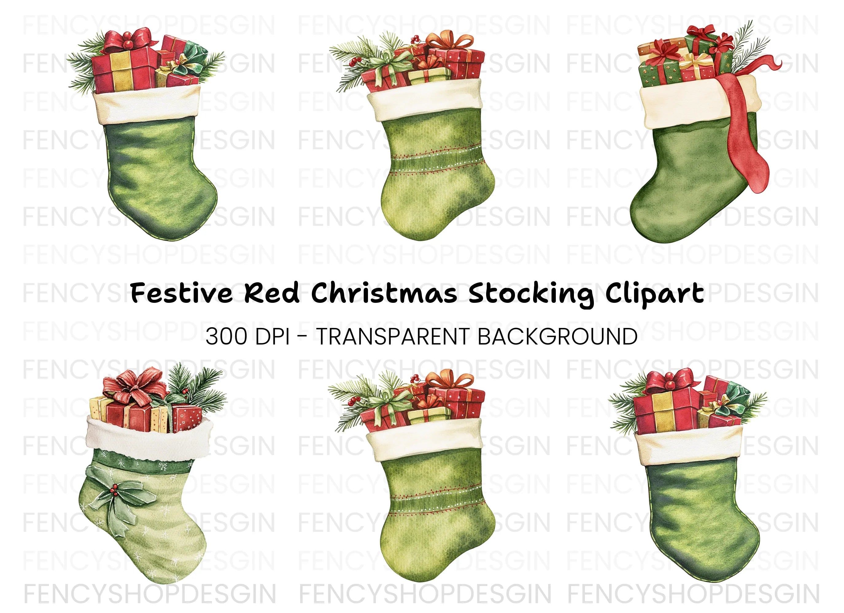 Green Christmas Stockings with Gifts Clipart Bundle