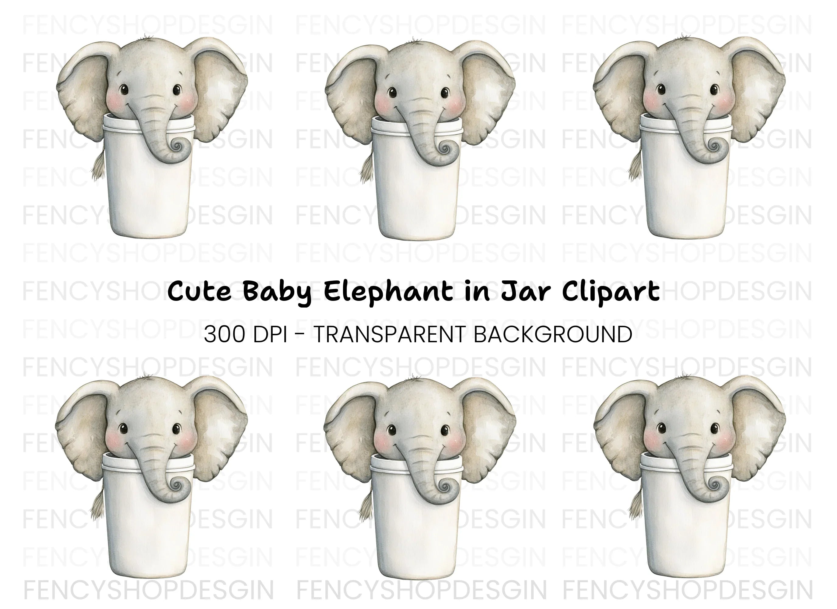 Cute Baby Elephant in Coffee Cup Clipart Bundle