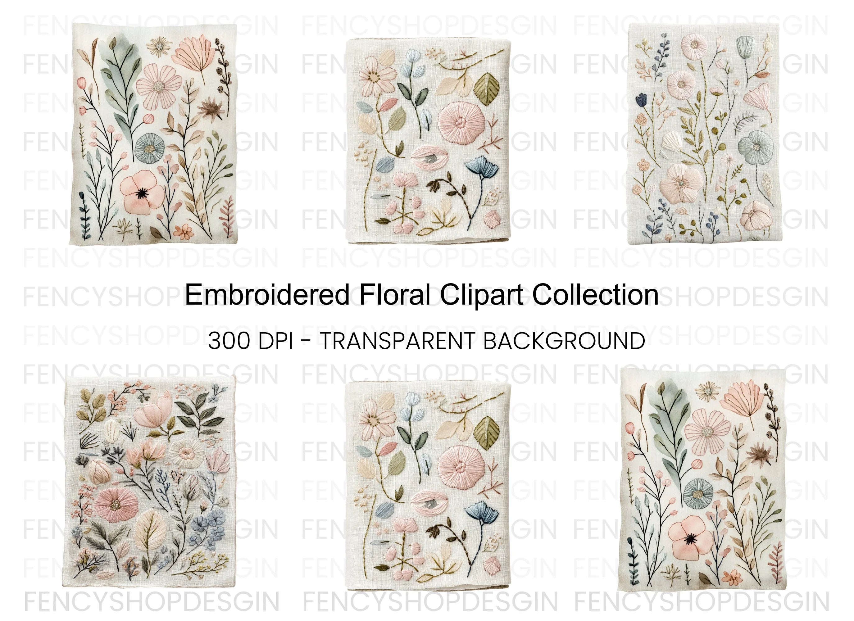 Elegant Embroidered Floral Clipart Bundle