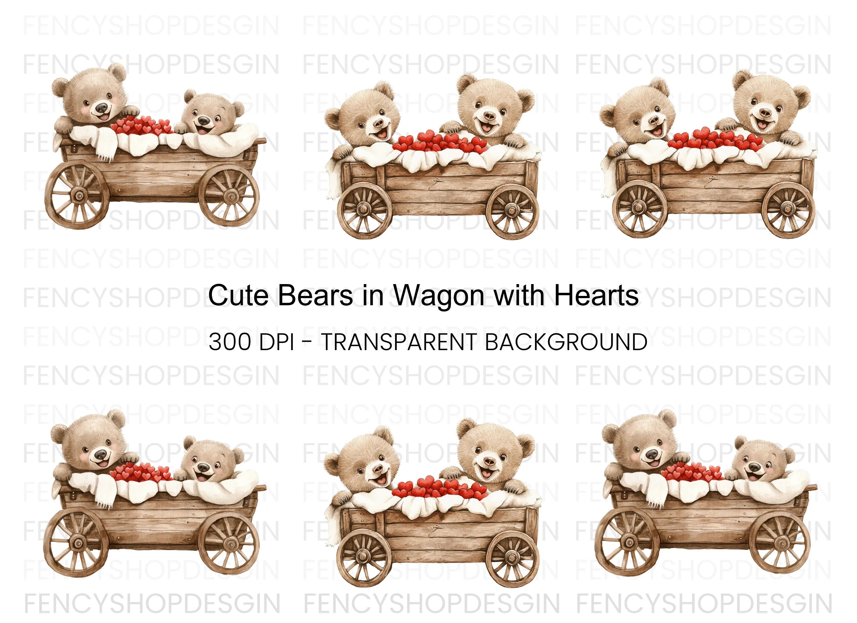 Teddy Bears in Wooden Wagon Clipart Bundle