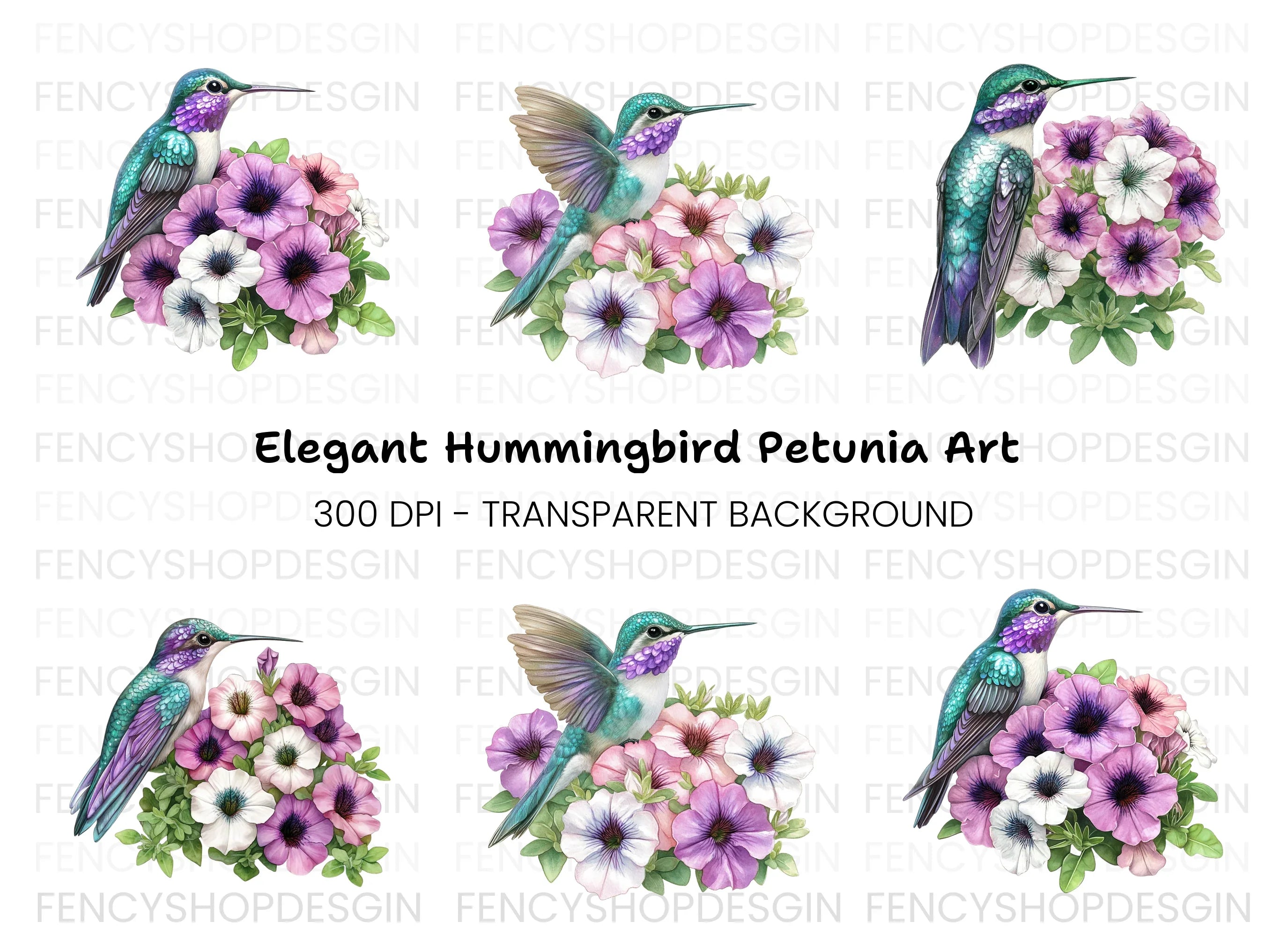 Hummingbirds with Petunia Flowers Clipart Bundle