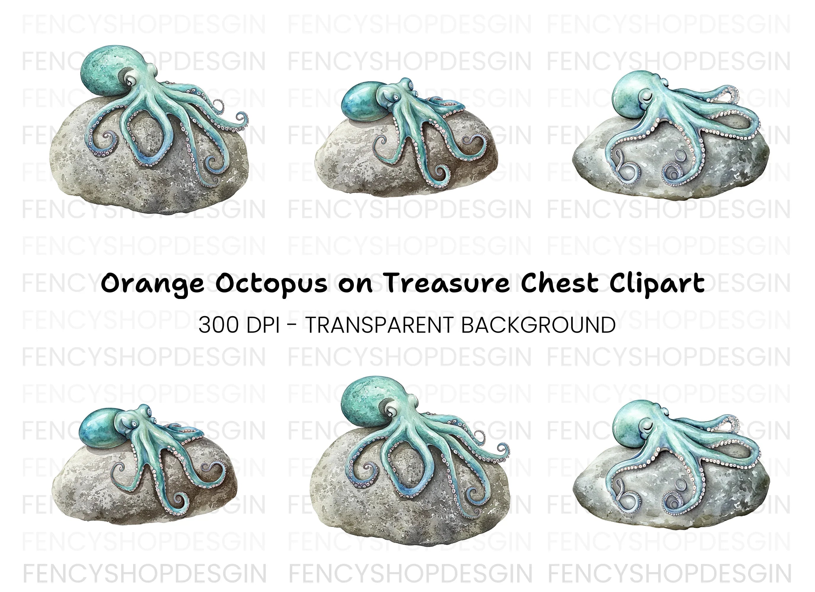 Blue Octopus on Rock Clipart Bundle