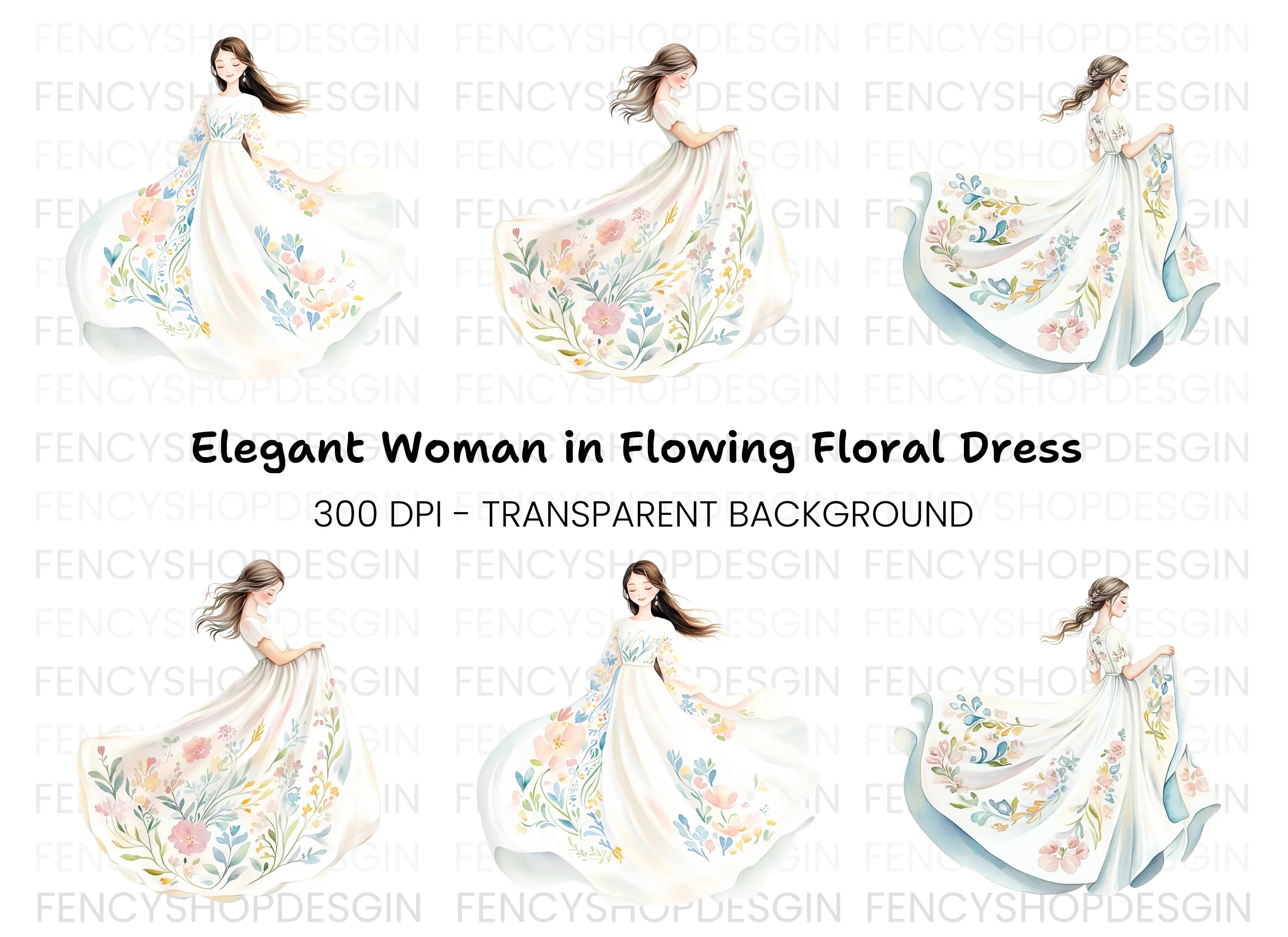Flowing Floral Dress Clipart Bundle