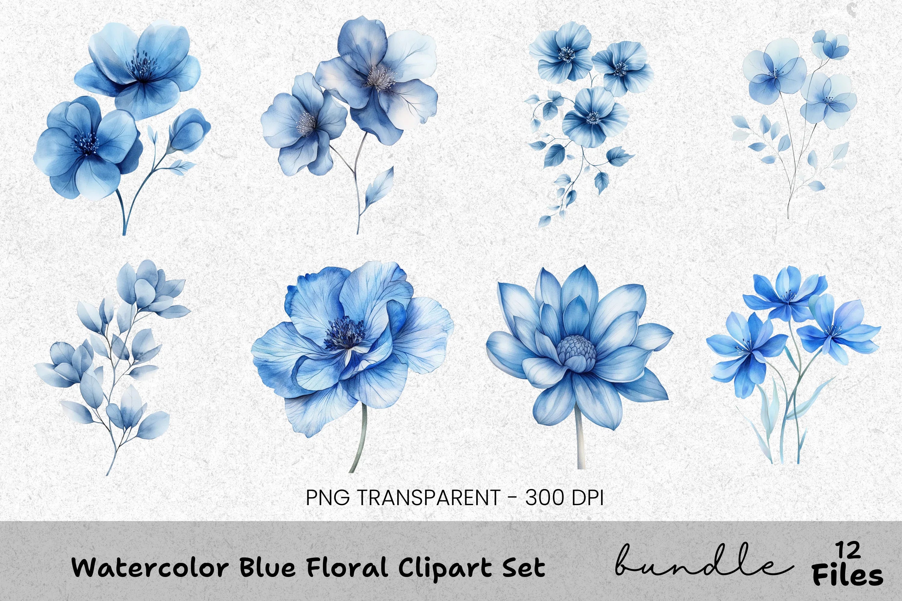 Blue Floral Clipart Bundle