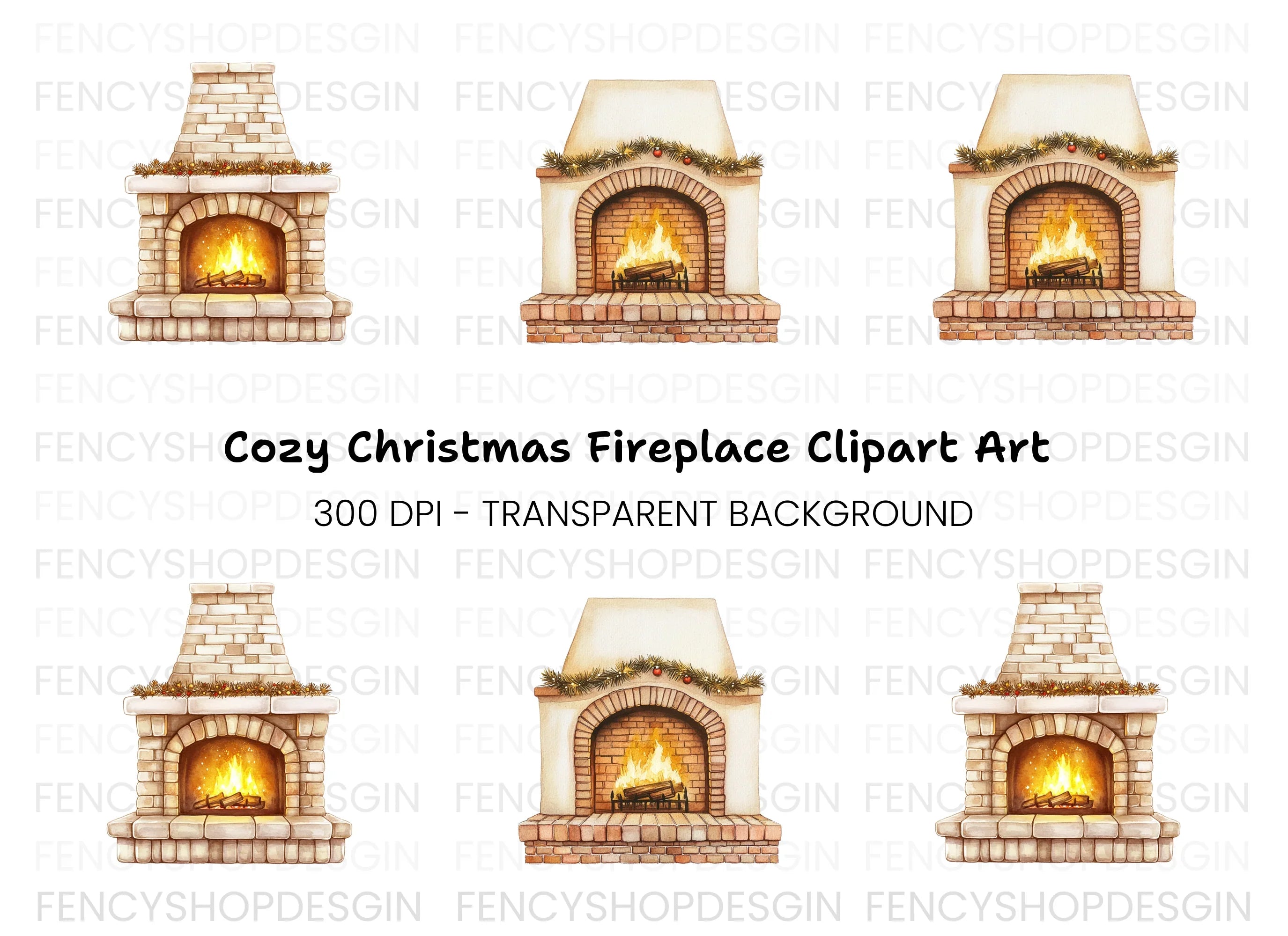 Cozy Christmas Fireplace Clipart Bundle
