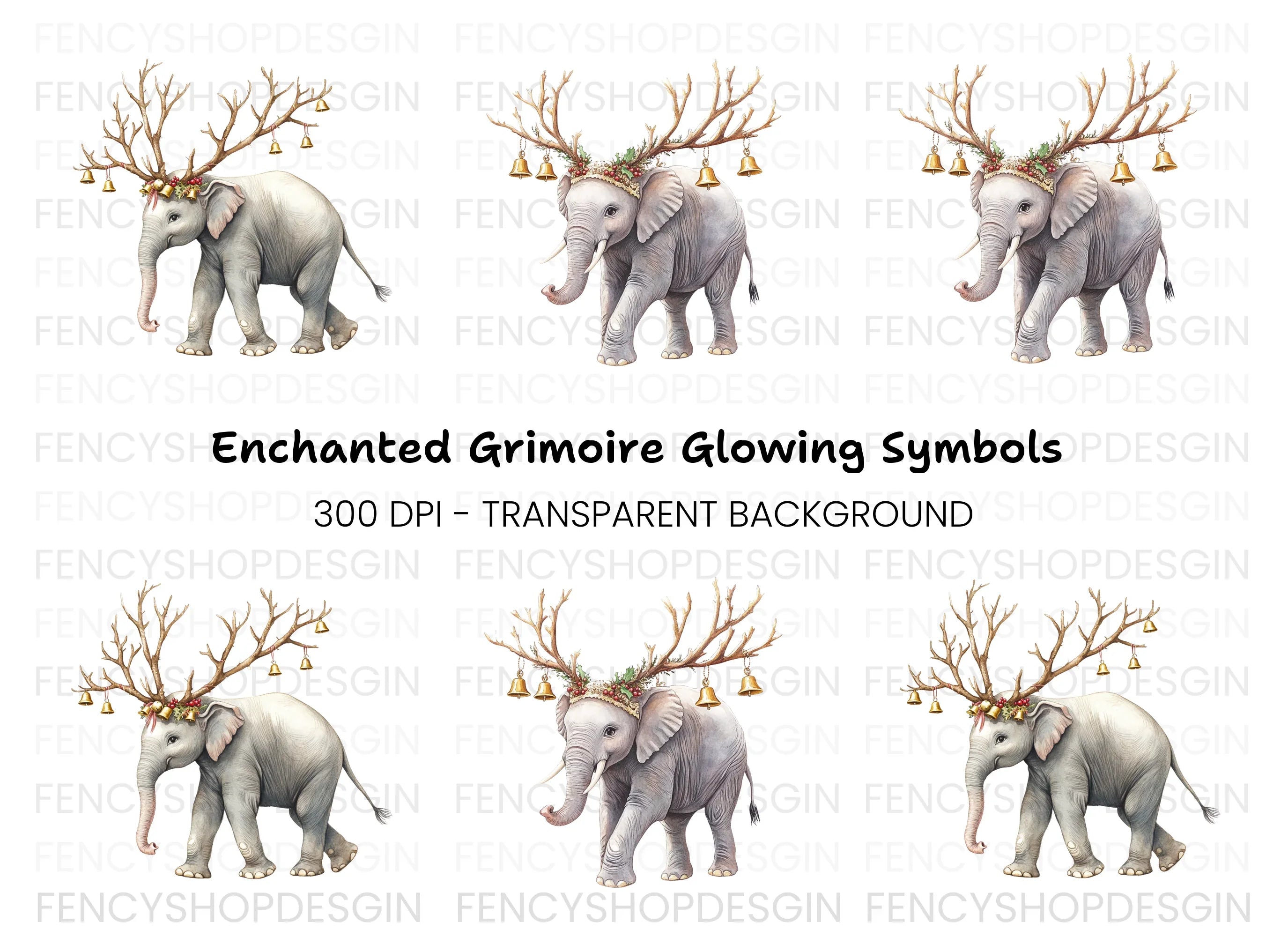 Christmas Elephant with Antlers Clipart Bundle