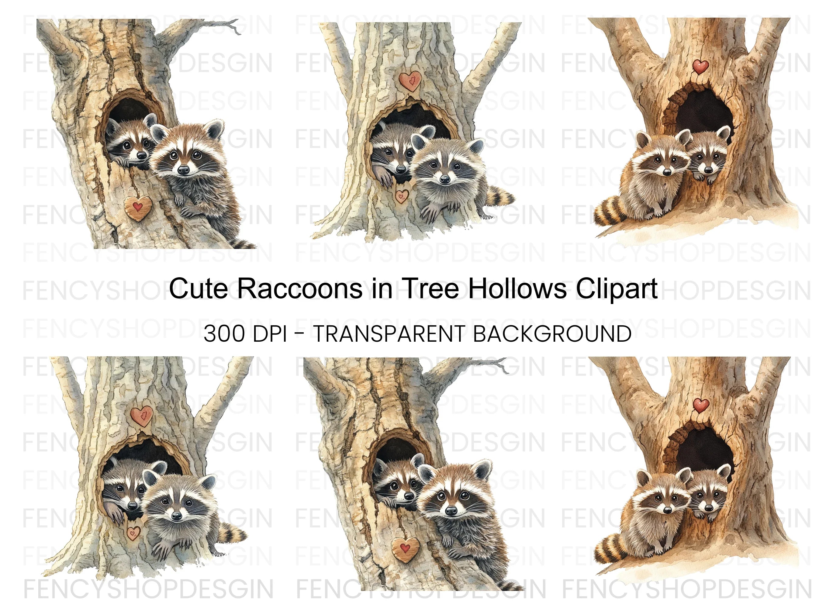 Raccoon Couple in Tree Hole Clipart Bundle