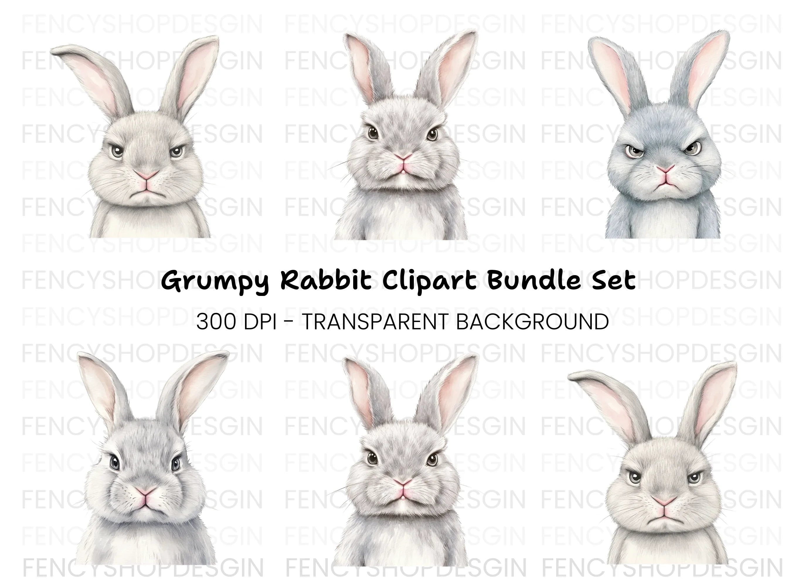Grumpy Rabbit Faces Clipart Bundle