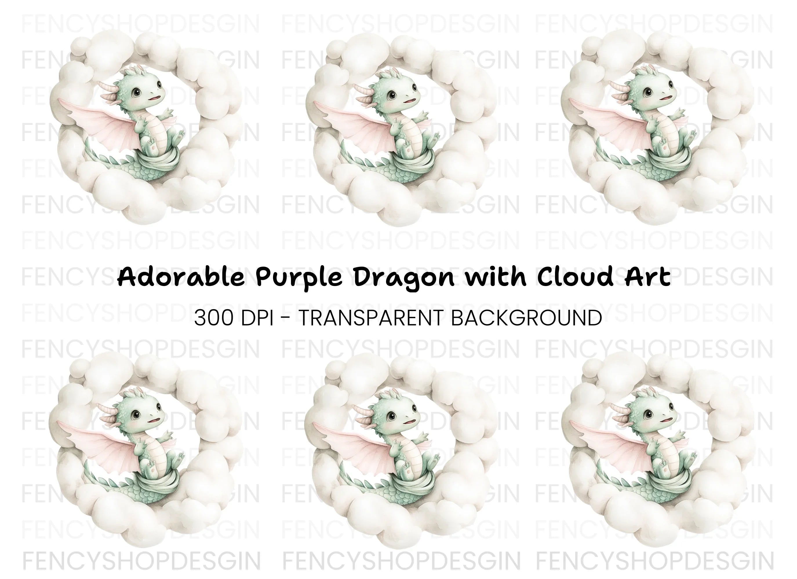 Sweet Green Baby Dragon in Clouds Clipart Bundle
