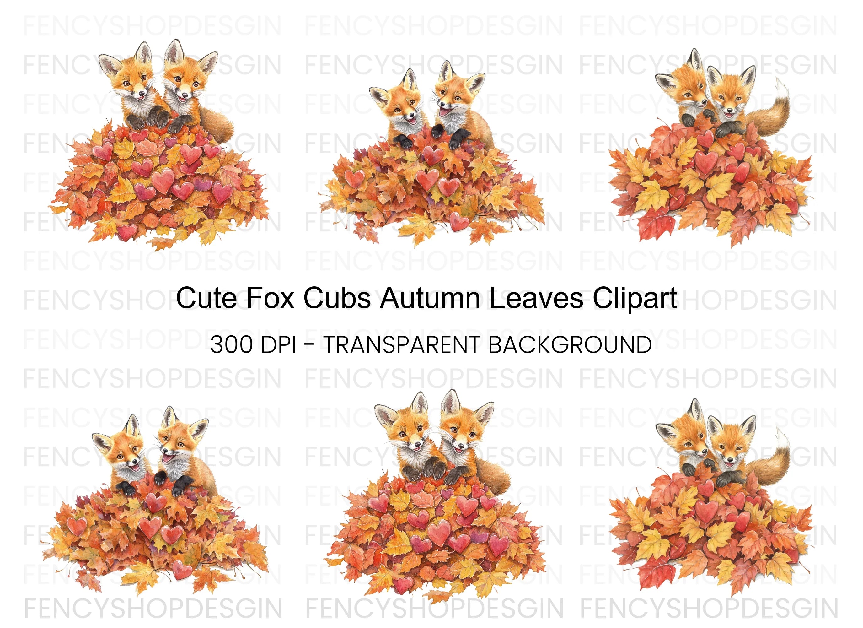Cute Fox Cubs in Autumn Leaves Clipart Bundle