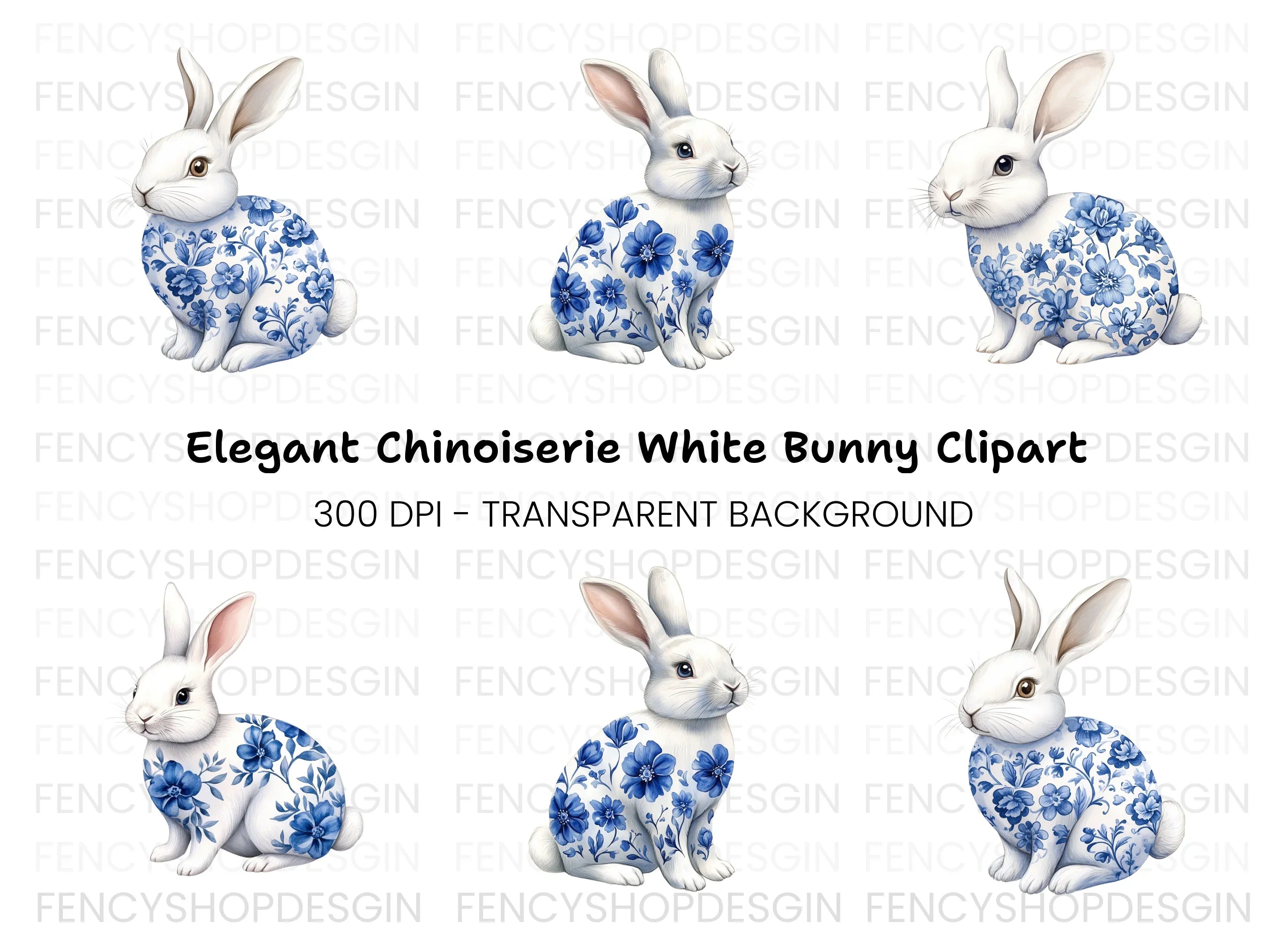 Blue and White Floral Bunny Clipart Bundle