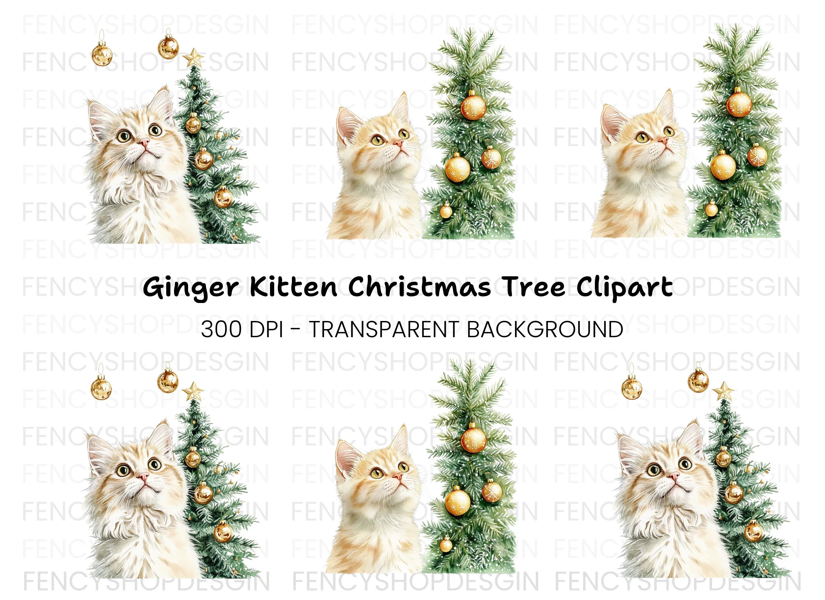 Christmas Cats with Festive Trees Clipart Bundle