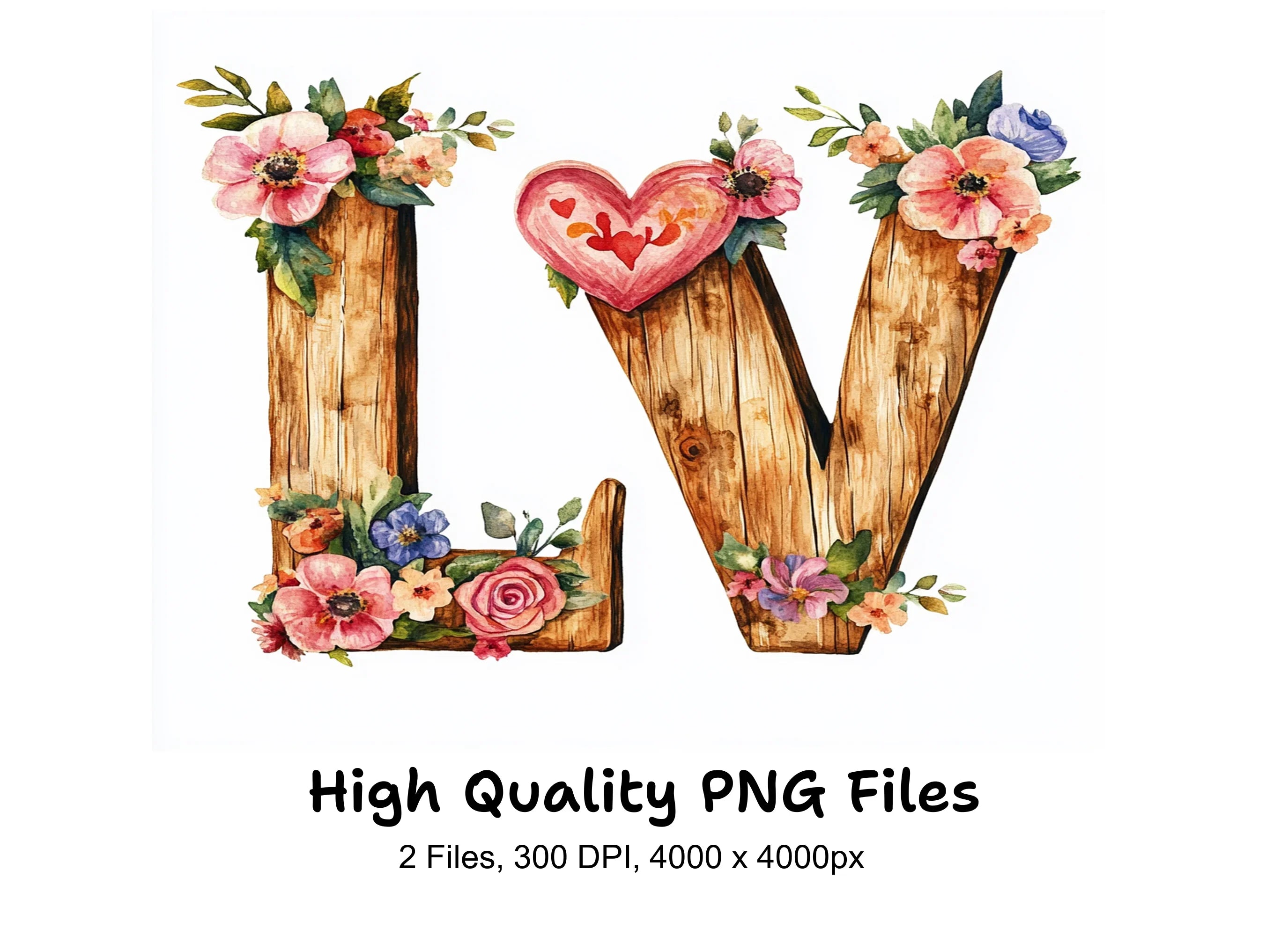 Floral Wooden Love Letters Clipart Bundle