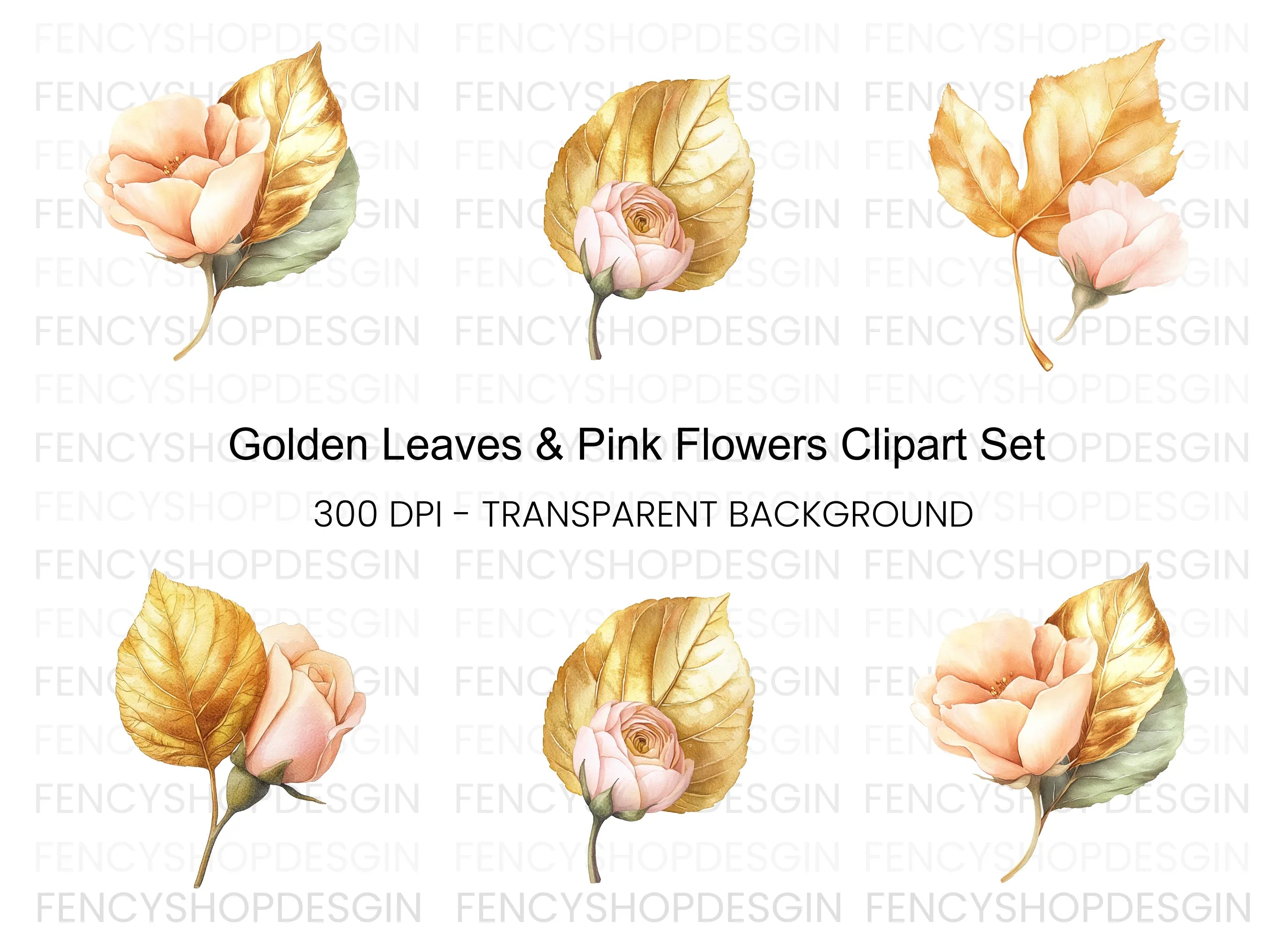 Golden Leaves and Pink Flowers Clipart Bundle