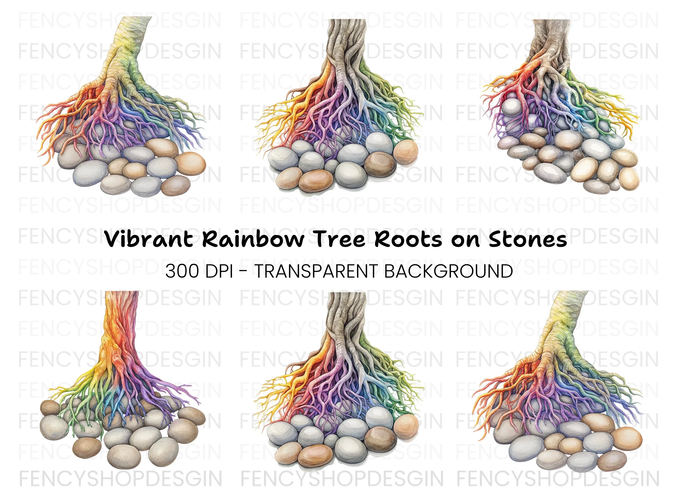 Rainbow Tree Roots and River Stones Clipart Bundle
