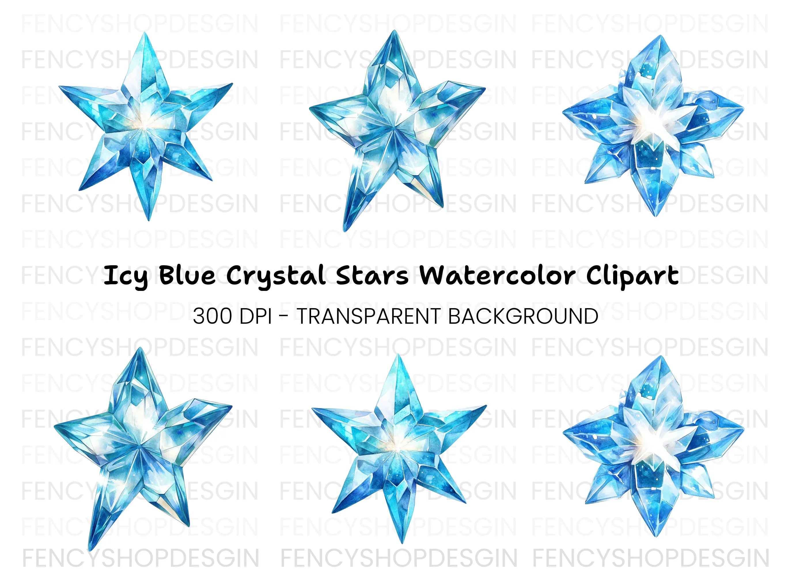 Sparkling Blue Crystal Star Clipart Bundle