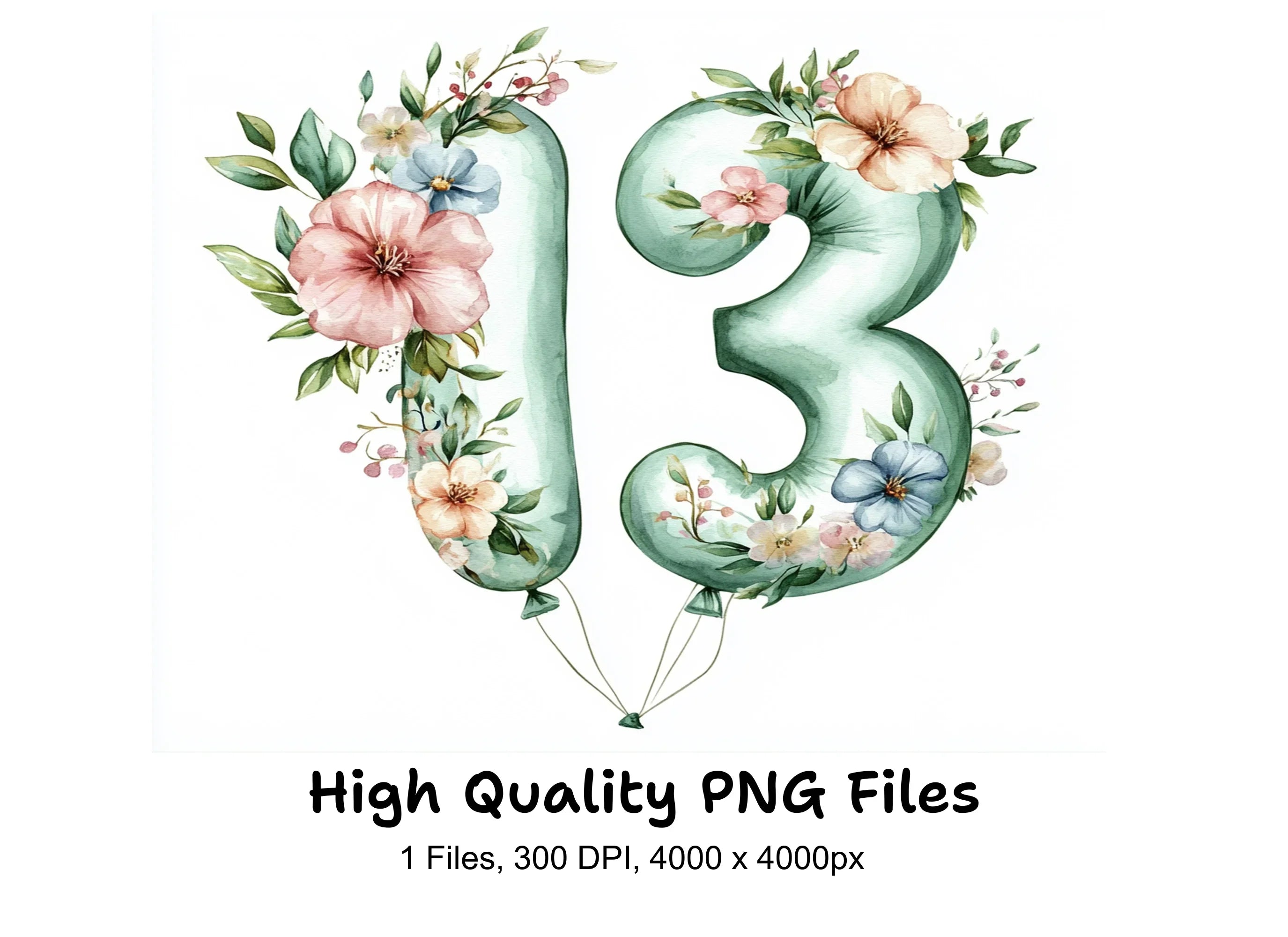 Floral Number 13 Balloon Clipart Bundle