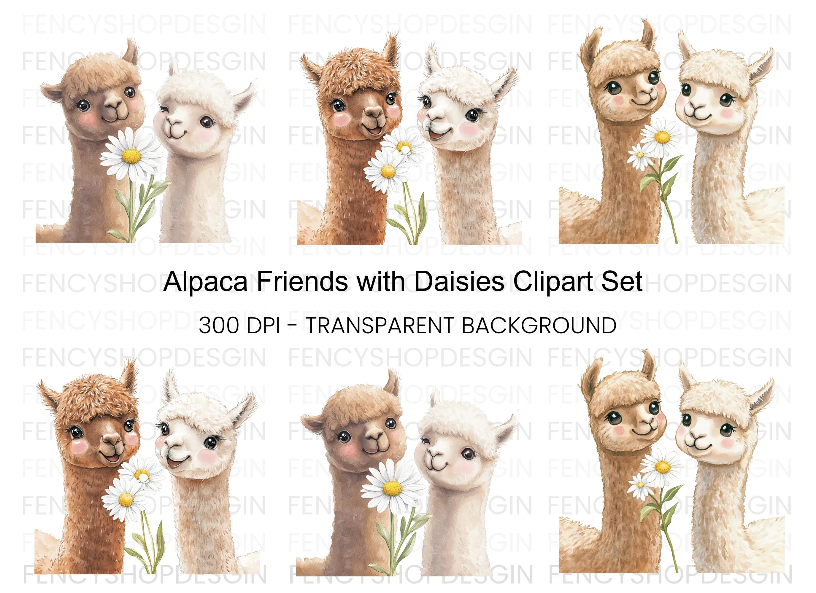 Alpaca Friends with Daisies Clipart Bundle
