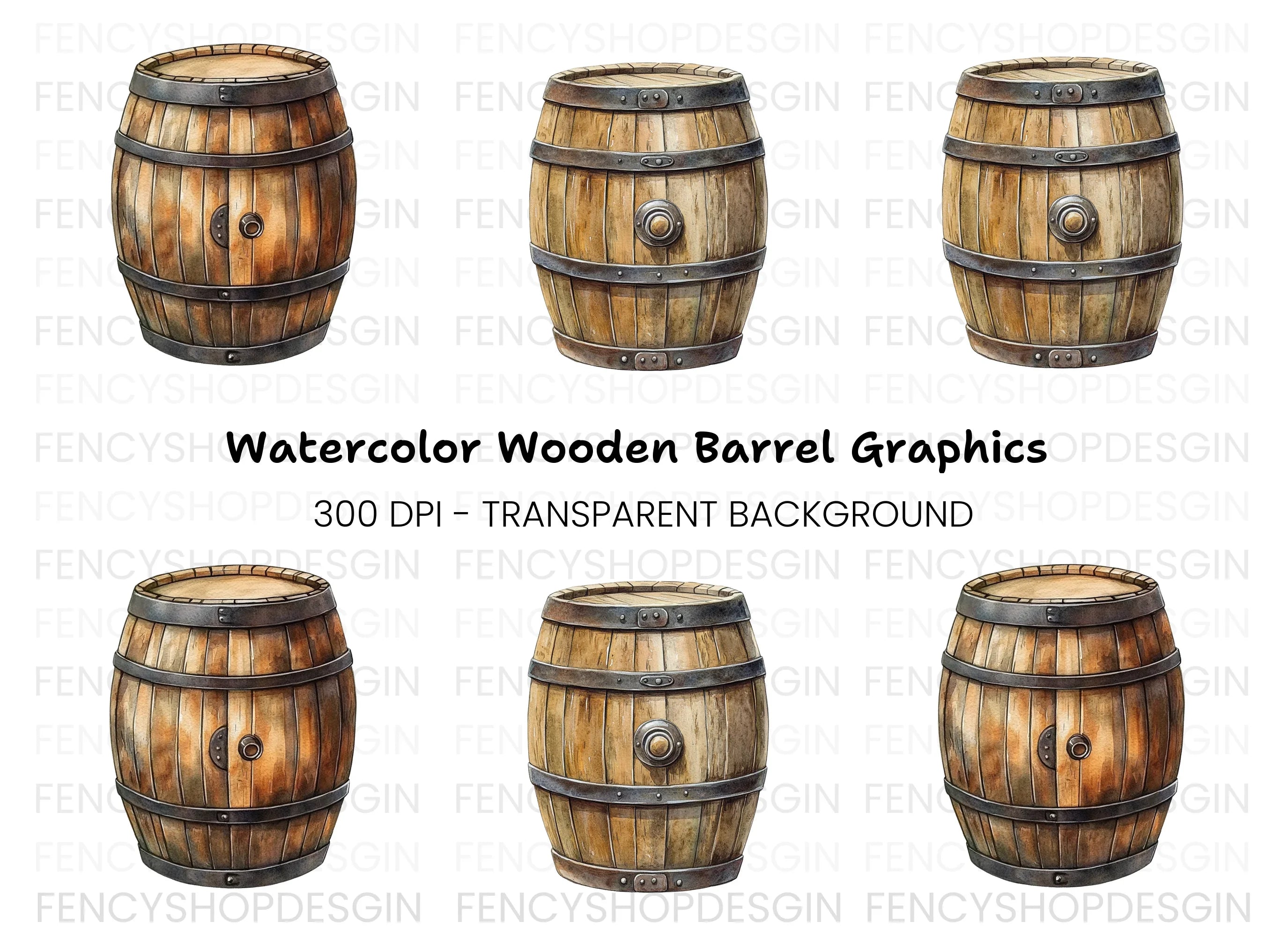 Rustic Wooden Barrels Clipart Bundle