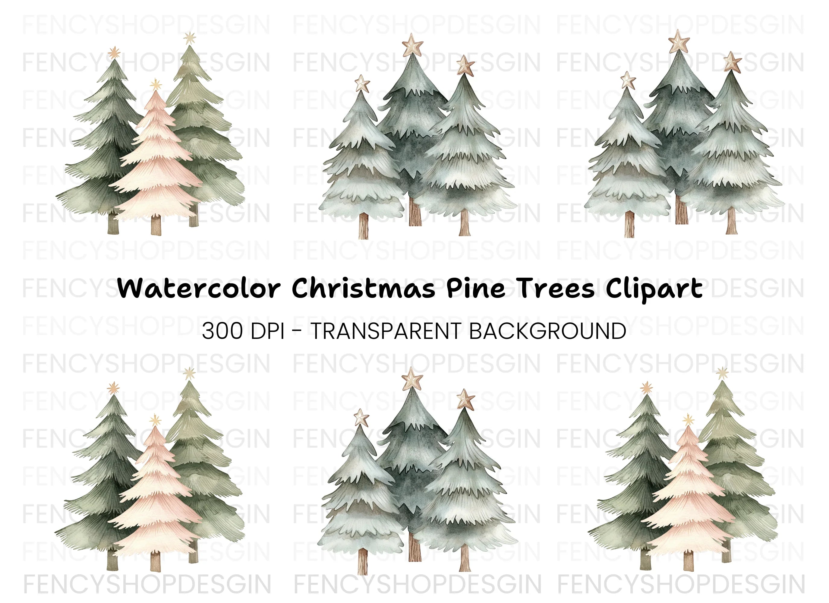 Christmas Trees with Stars Clipart Bundle