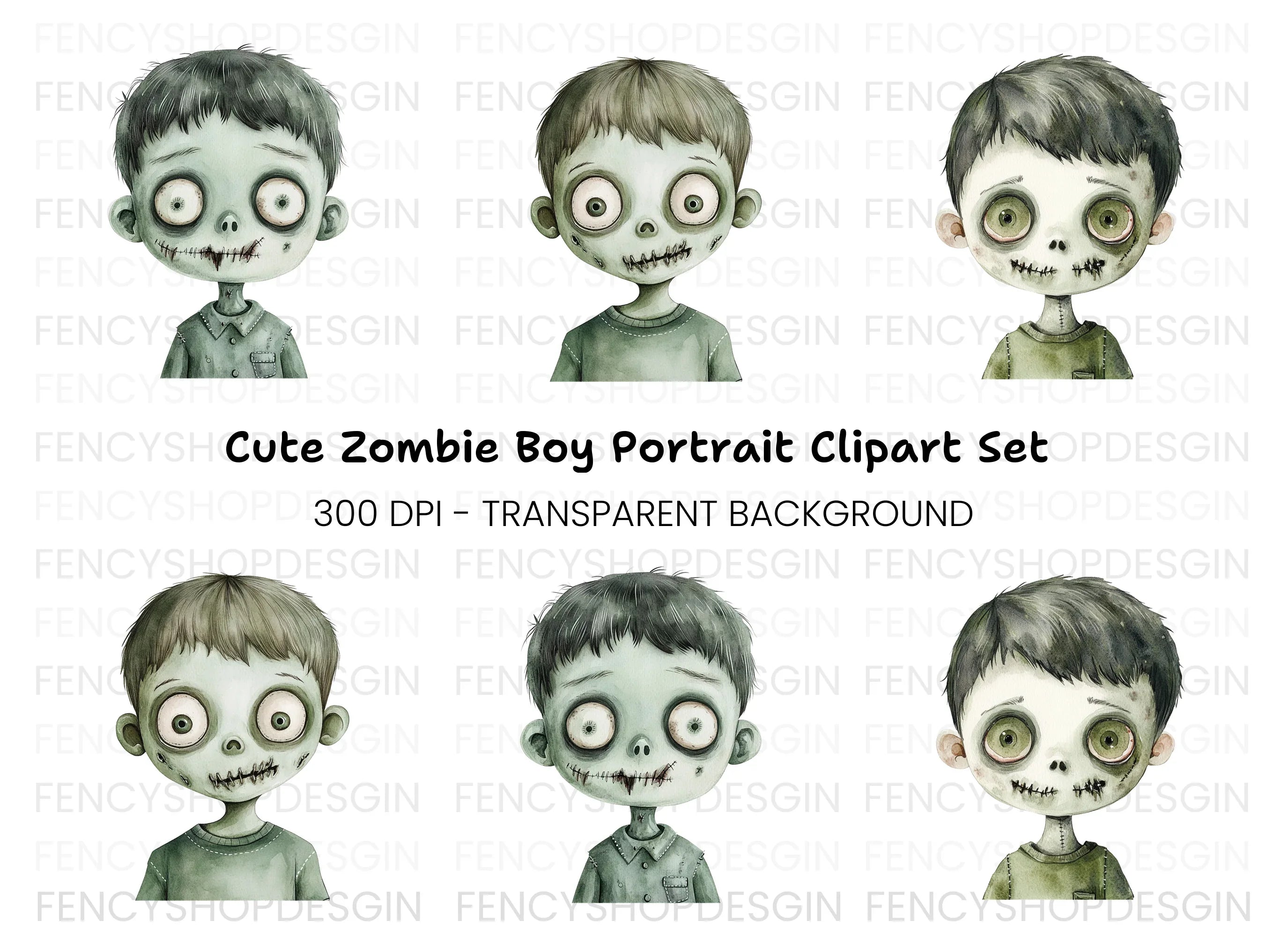 Zombie Boy Faces Clipart Bundle