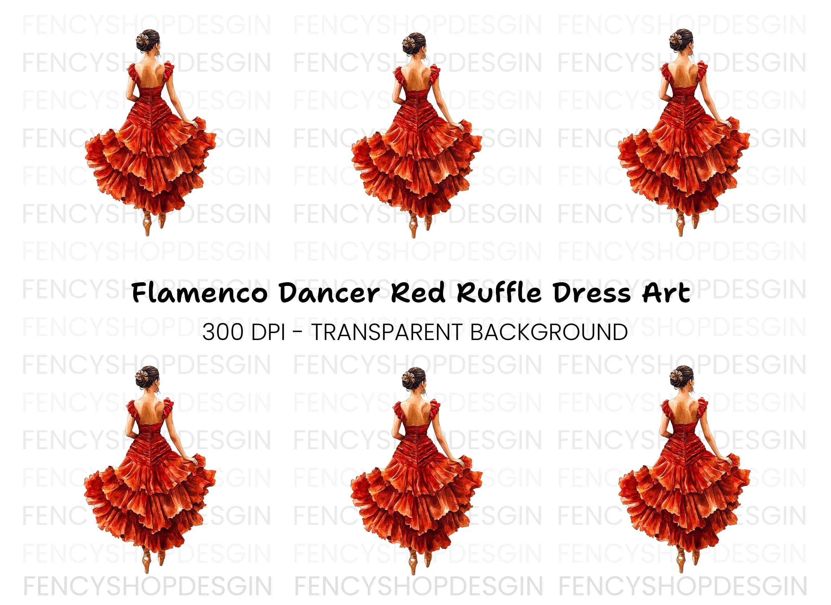 Flamenco Dancer in Red Ruffled Dress Clipart Bundle
