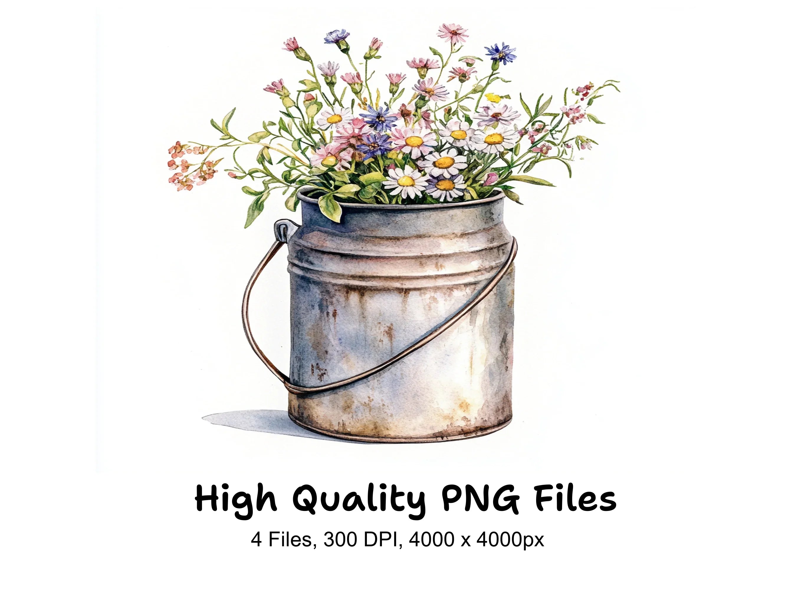 Wildflower Bouquets in Vintage Milk Cans Clipart Bundle