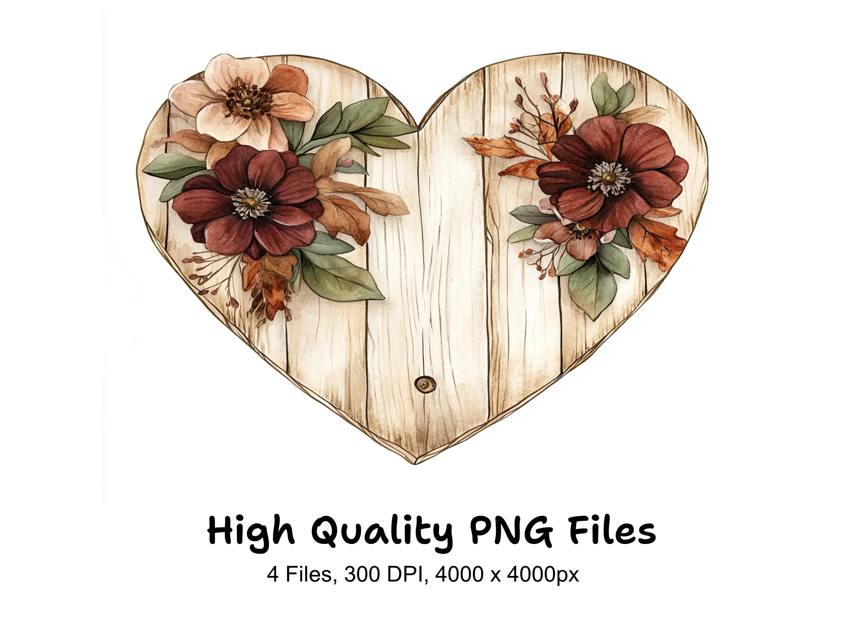 Rustic Wooden Heart Floral Clipart Bundle