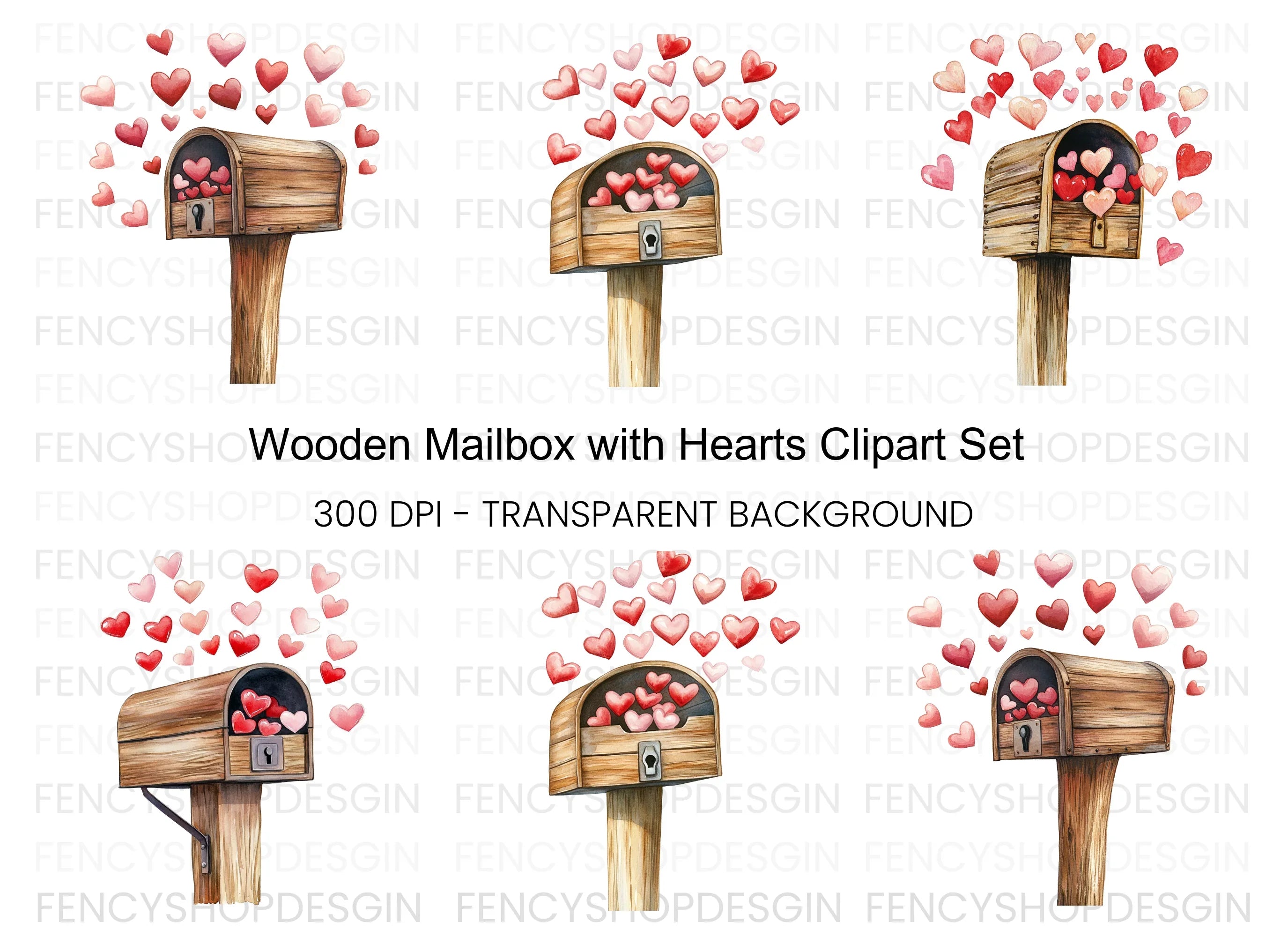 Wooden Mailbox with Falling Hearts Clipart Bundle