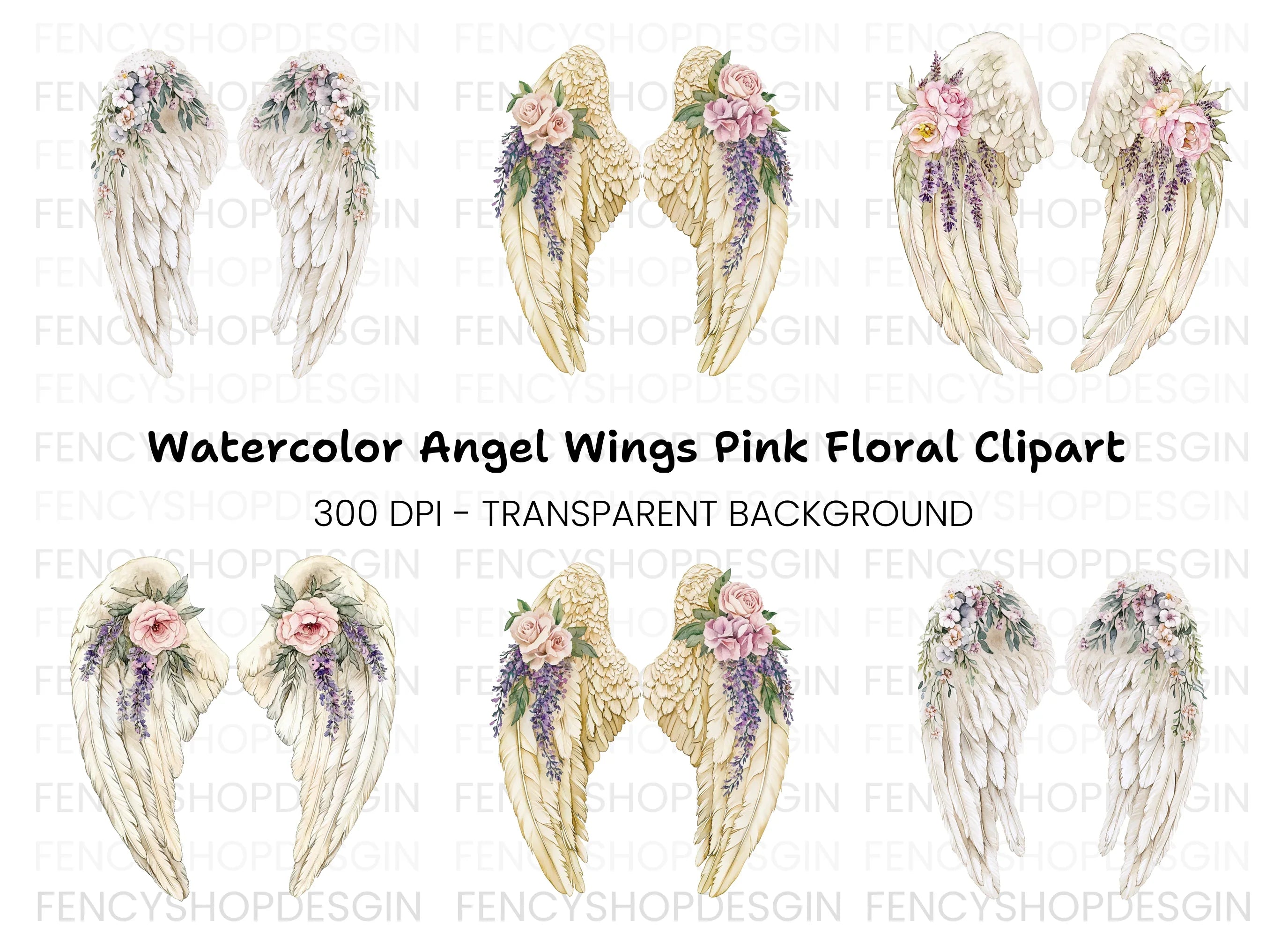 Romantic Angel Wings with Pink Roses Clipart Bundle