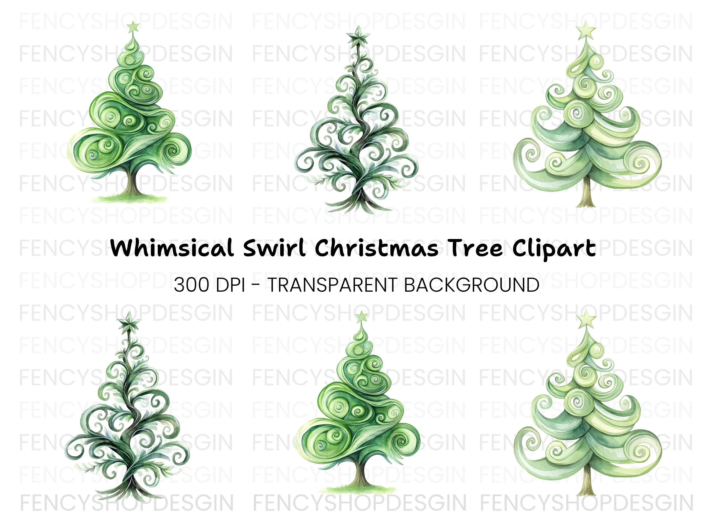 Whimsical Swirl Christmas Tree Clipart Bundle