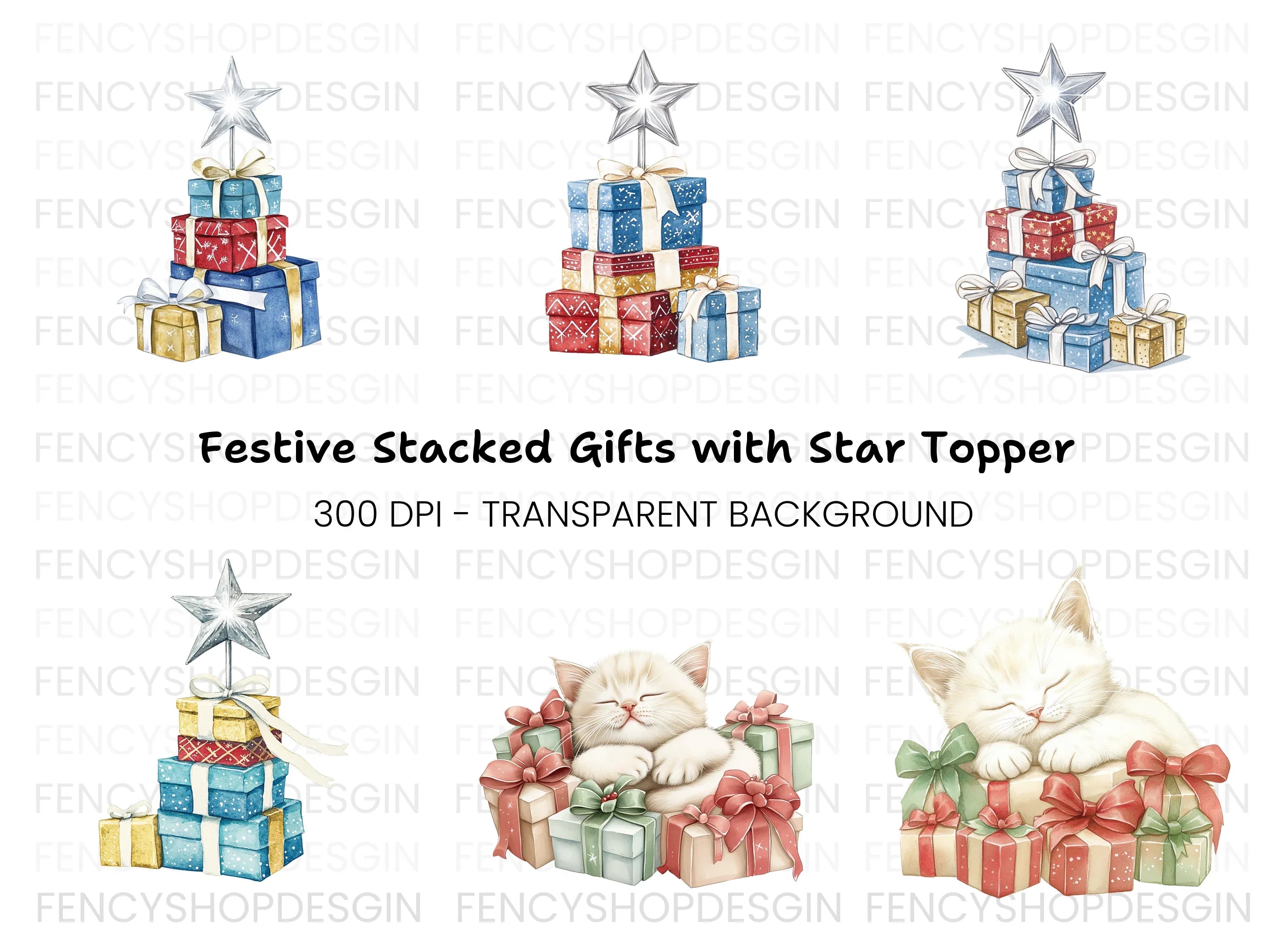 Sleeping Kitten on Christmas Gifts Clipart Bundle