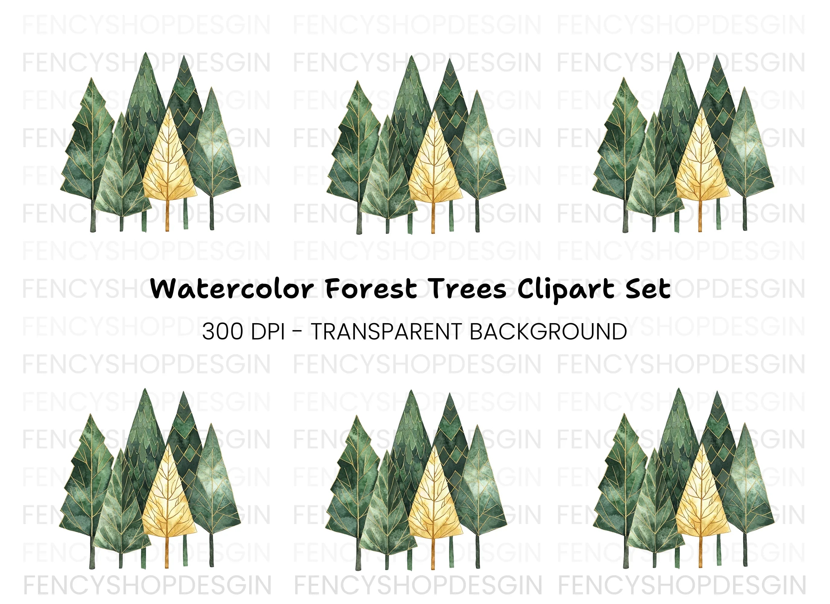 Geometric Gold and Green Forest Clipart Bundle